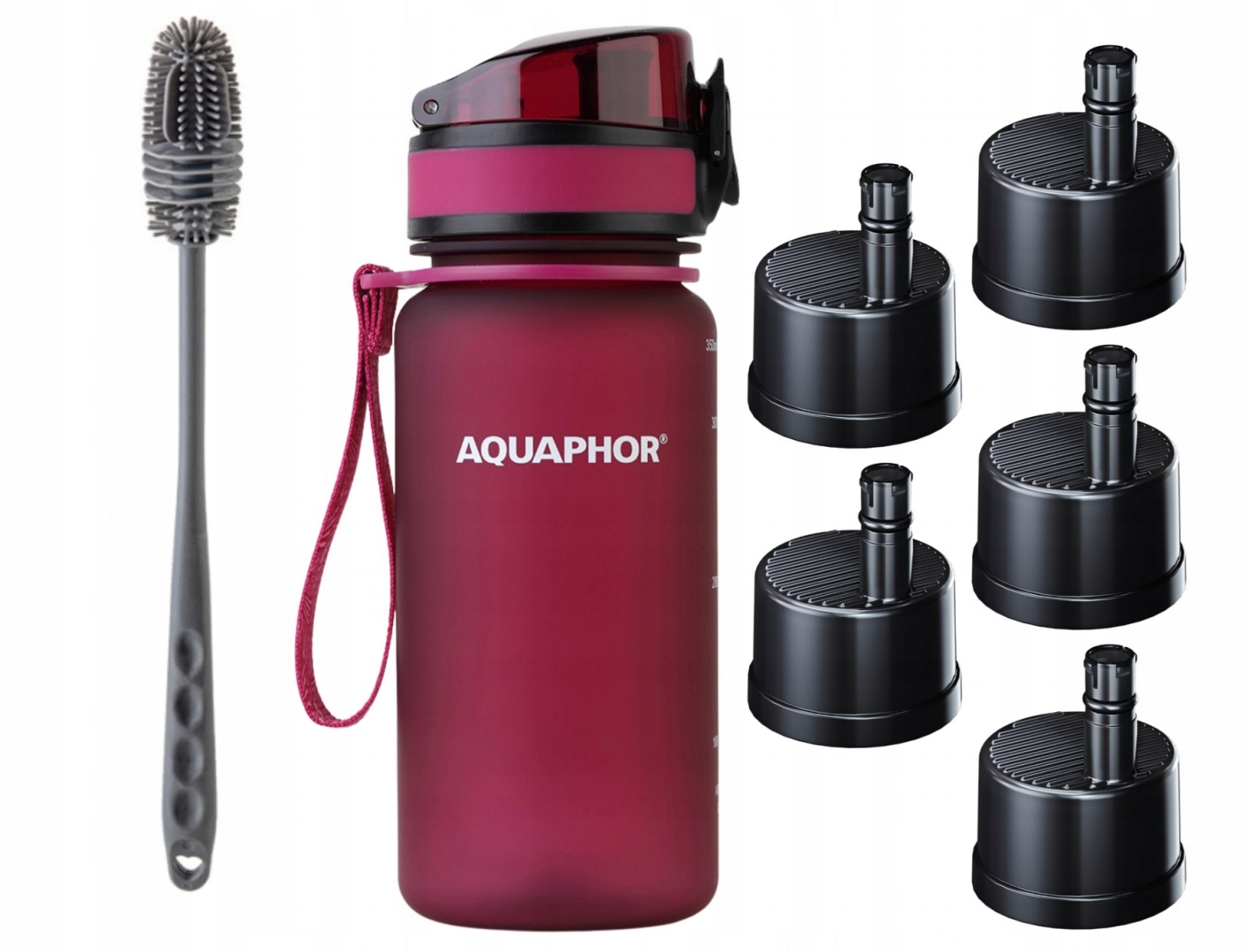 Butelka filtrująca Aquaphor City Kids 0,35l Bordowa 5 Filtrów Szczotka