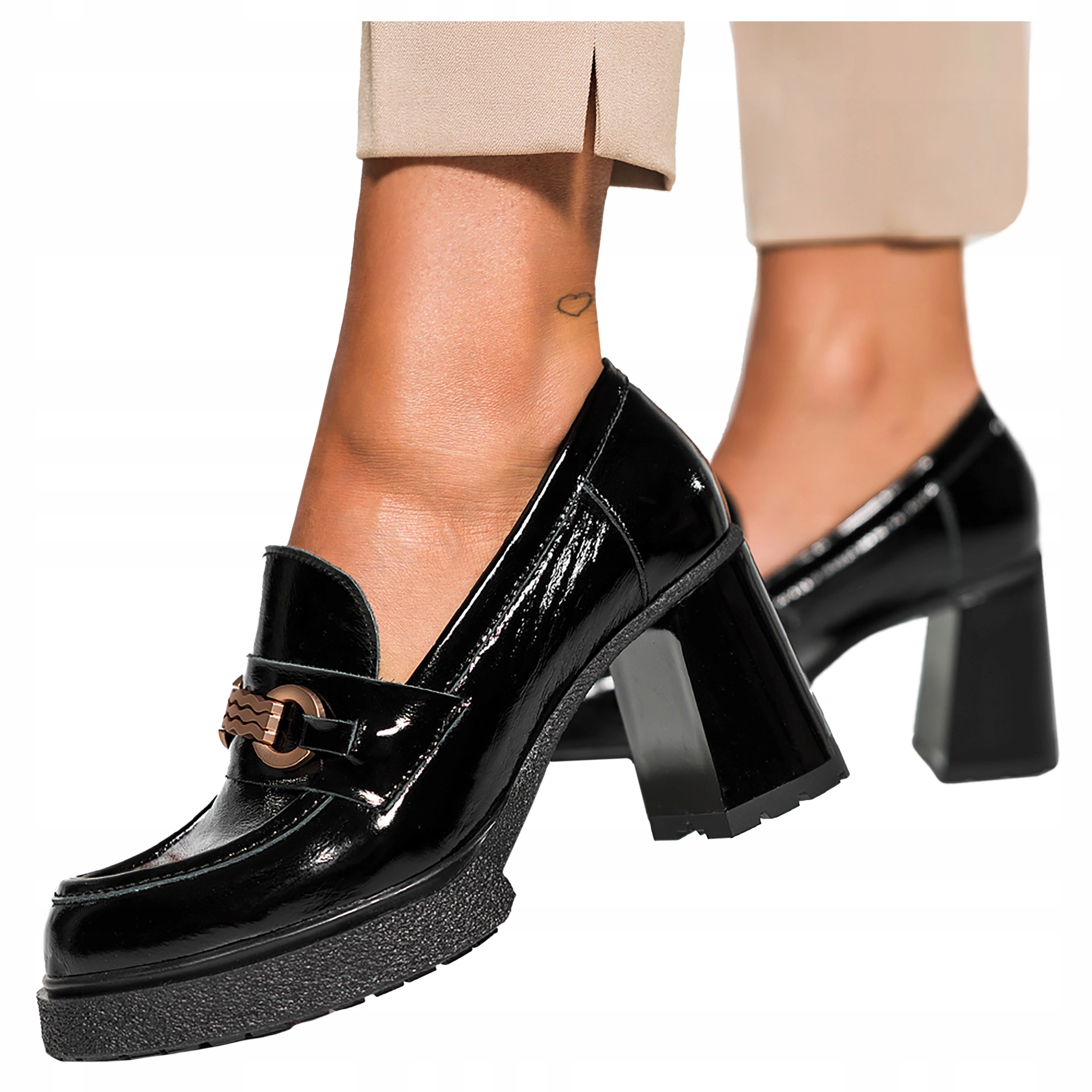 Černé kožené Mokasyny Dámské Lakované Podpatky Klocek Elegantní r 39