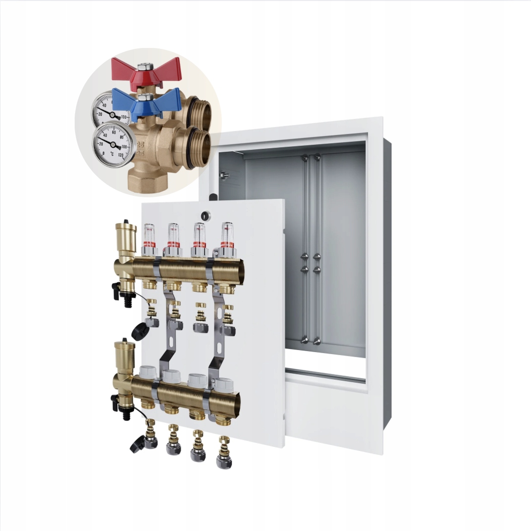 Rozdělovač podlahového vytápění 4 skříňka pod omítku+PEX+ÚHLOVÝ Kulový Ventil