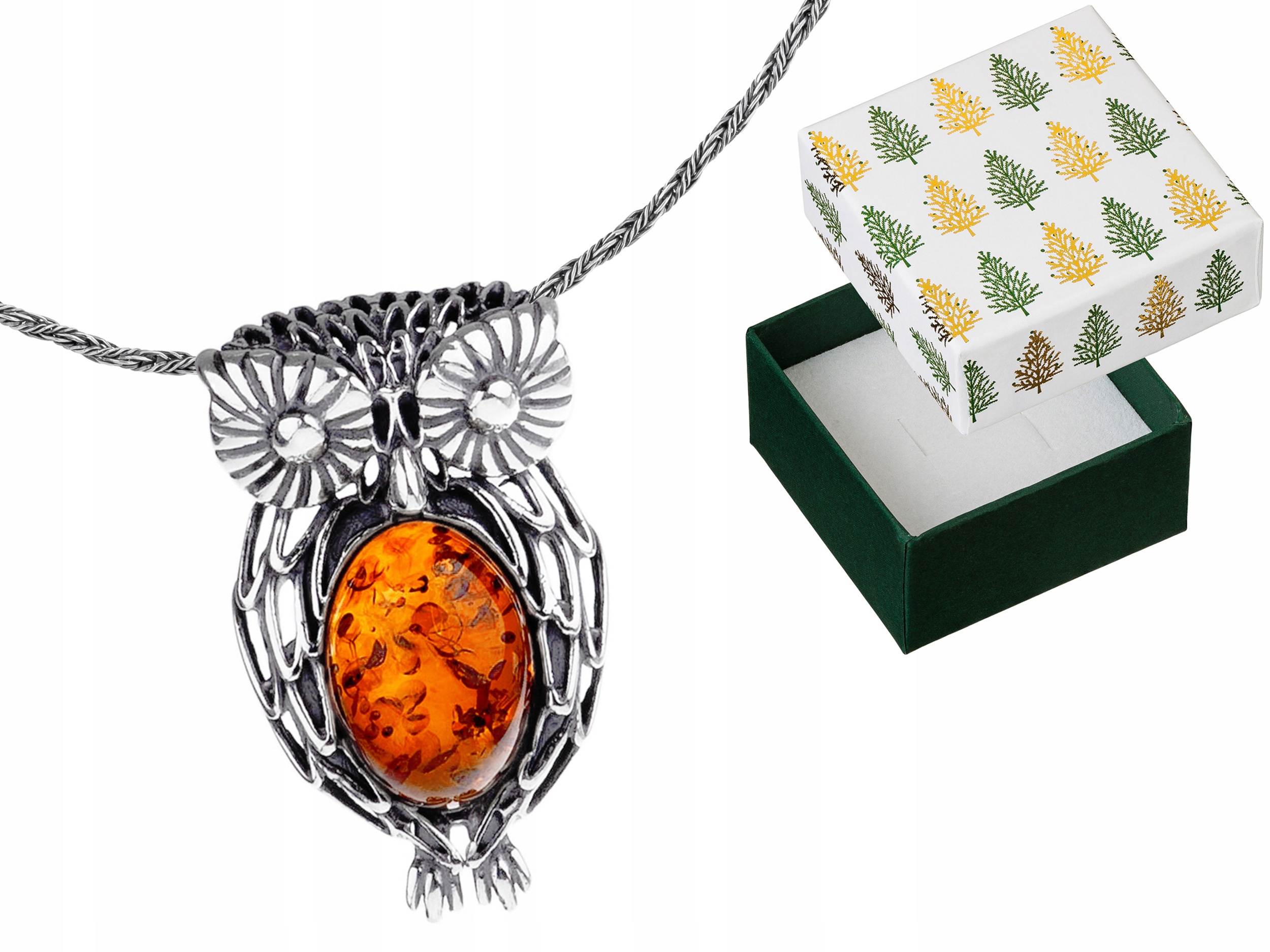 Stříbrný náhrdelník s jantarem Přívěsek Sova Přívěsek Sovička Řetízek 32