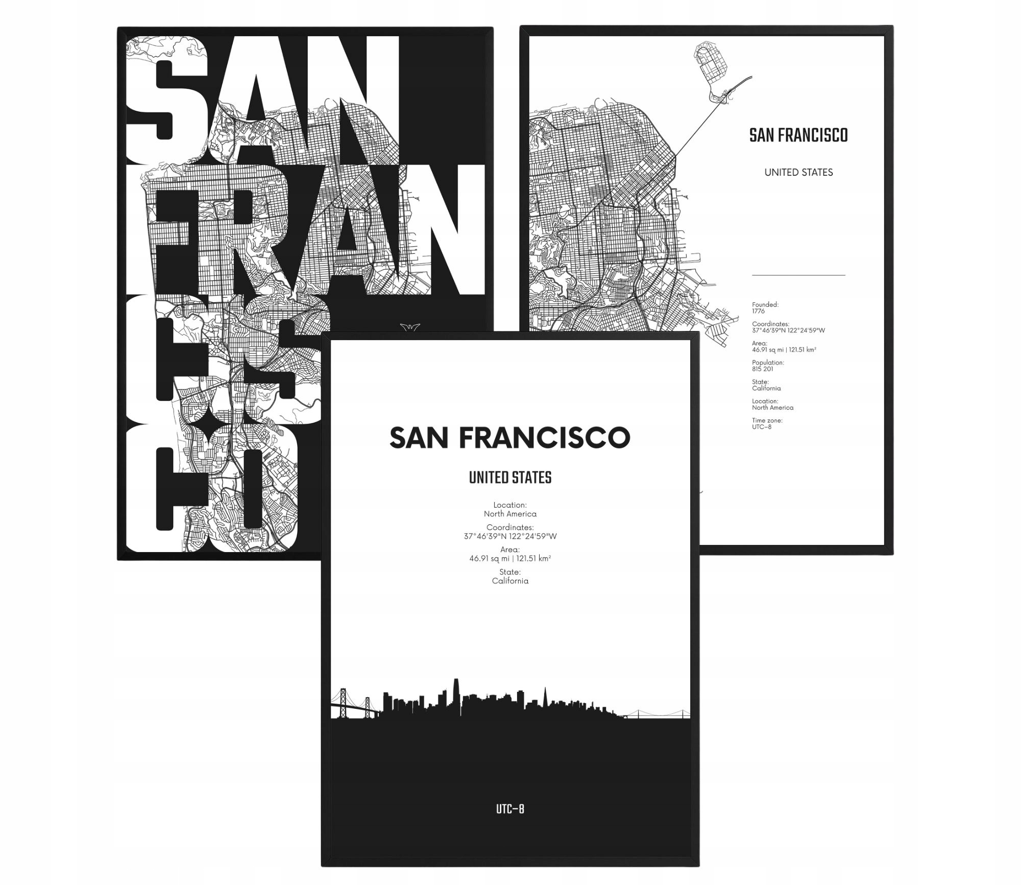 Sada plagátov San Francisco Mapa Panorama čiernobiela do obývačky 61x91 cm
