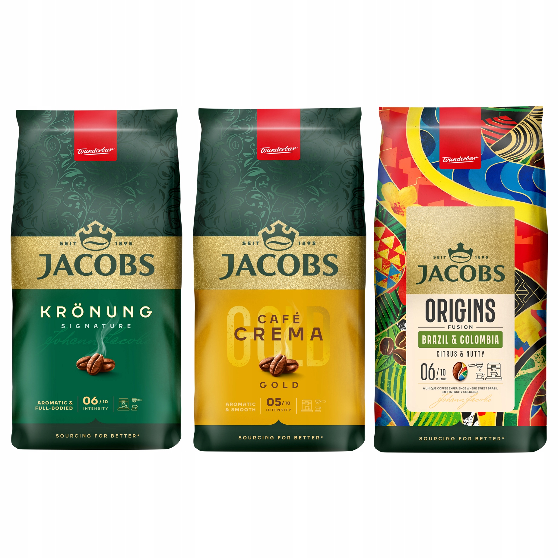 Kawa ziarnista Jacobs Kronung, Crema, Origins Fusion Brazil&Colombia 3x 1kg