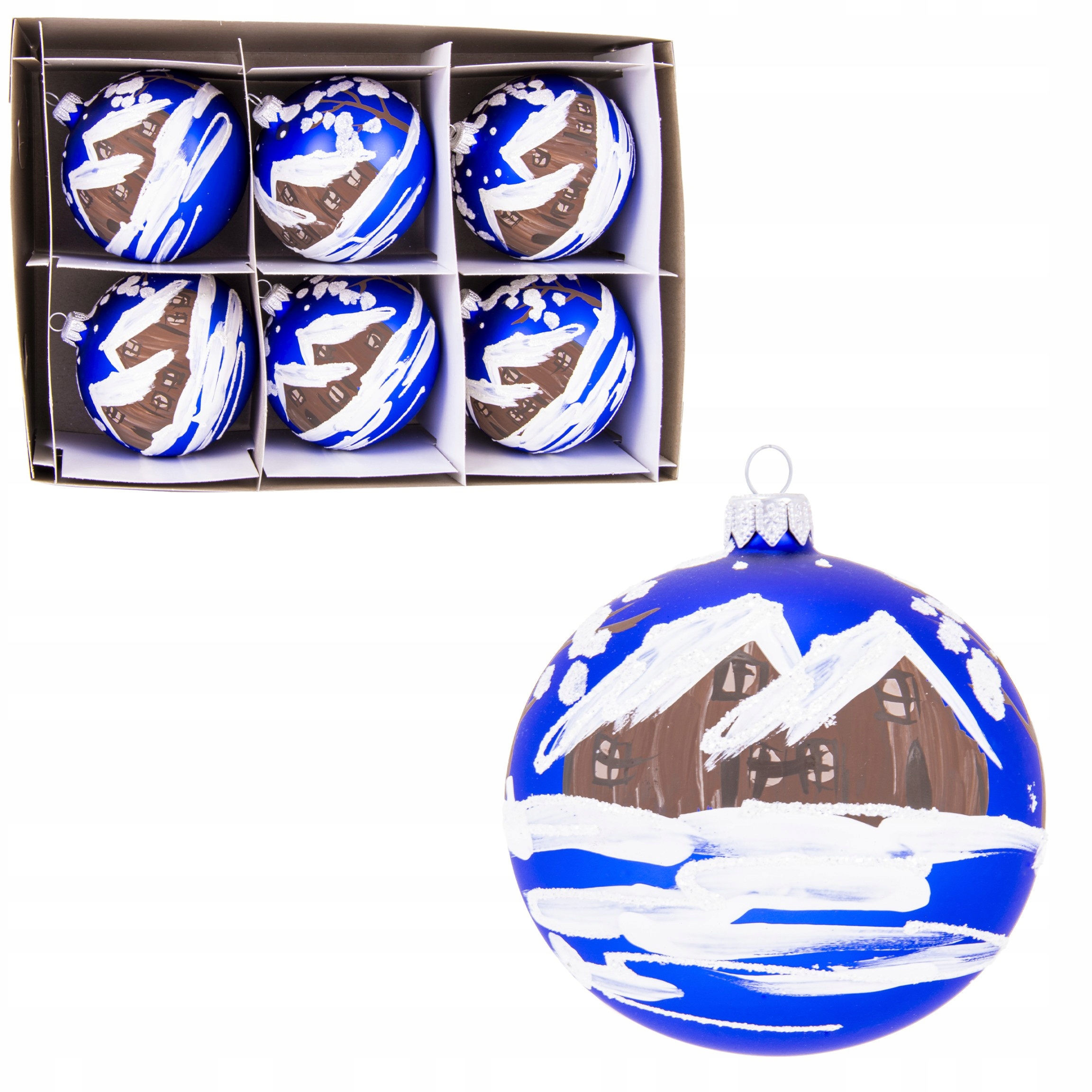 Skleněné modré Vánoční Baňky Ručně malované domečky 8 cm 6 ks