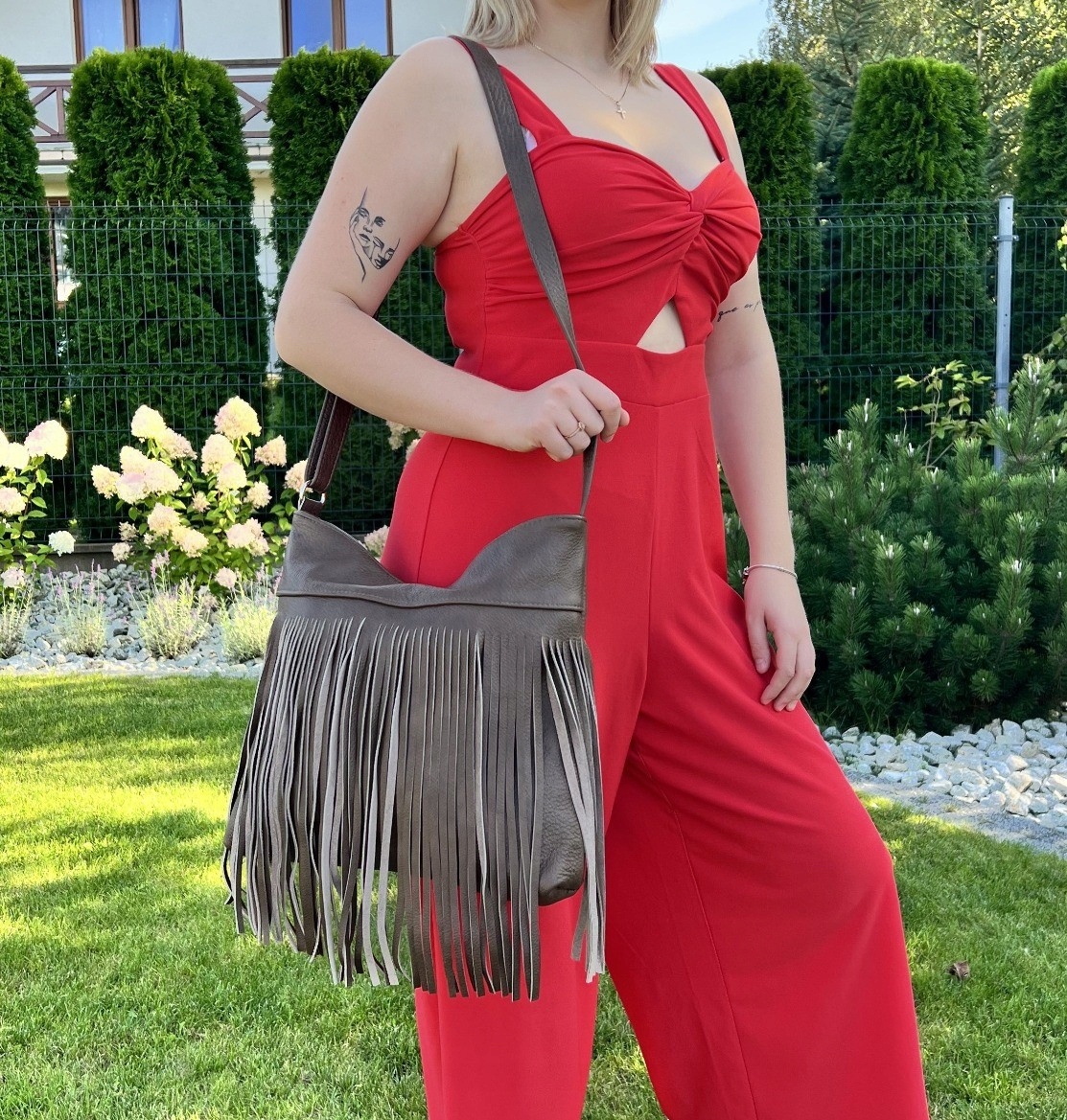 TOREBKA Z FRĘDZLAMI NA RAMIĘ SKÓRA 100% - HANDMADE Kolor okuć inny