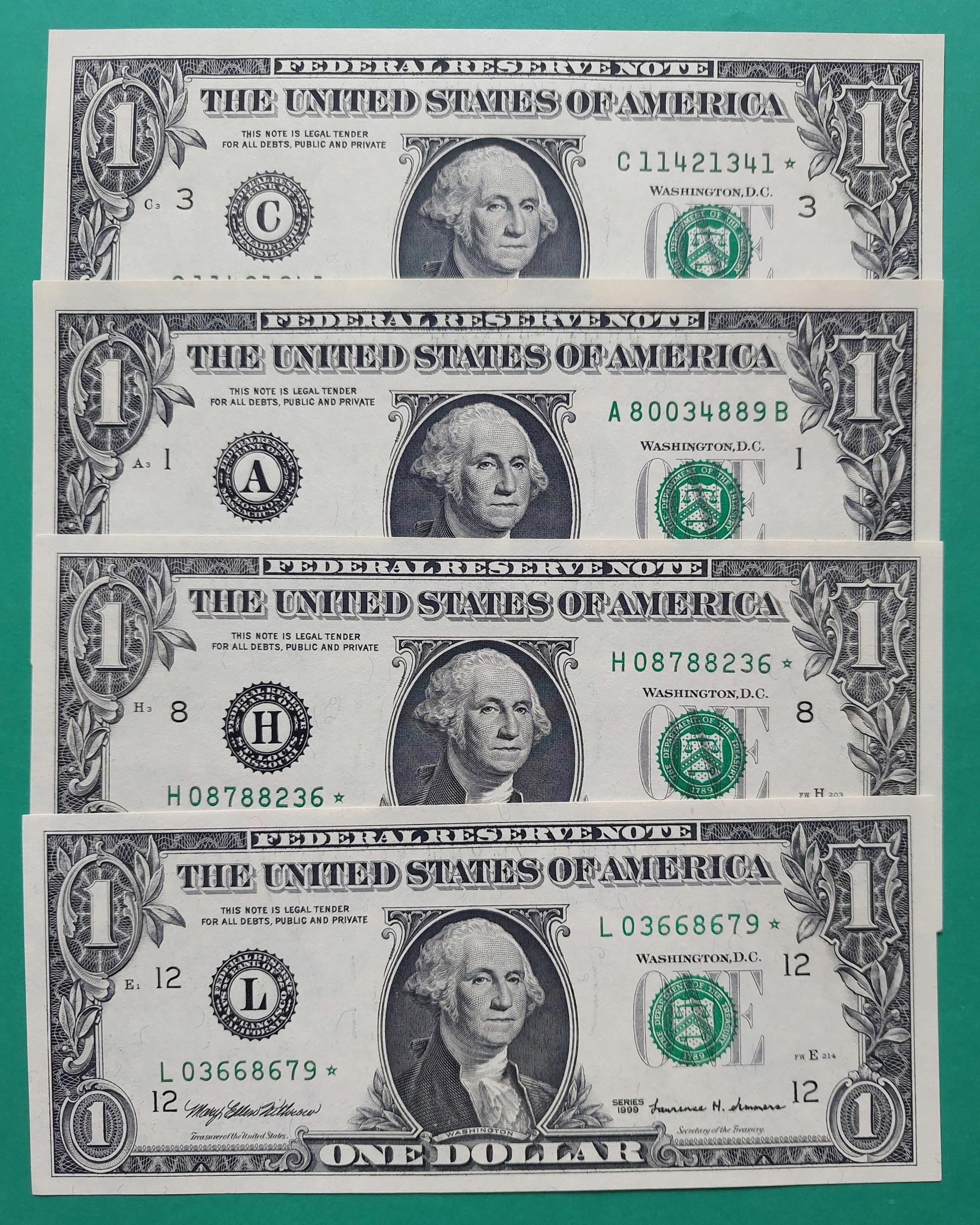 4 Banknoty USA 1 dolar 1999 A C gwiazdka L gwiazdka H gwiazdka UNC
