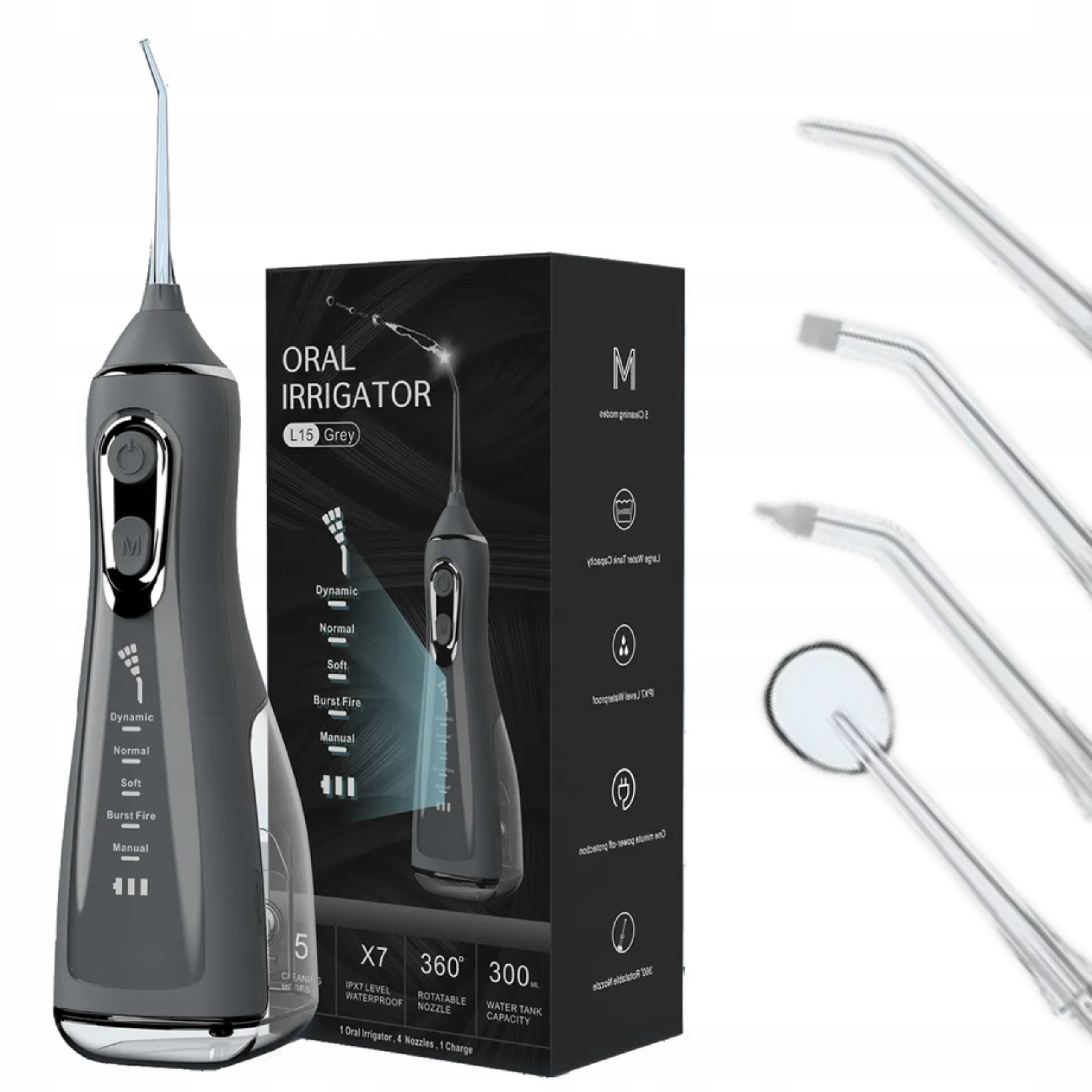 Irygator Do Zębów Bezprzewodowy Dentystyczny Mocny 4 Dysze 5 Trybów Szary