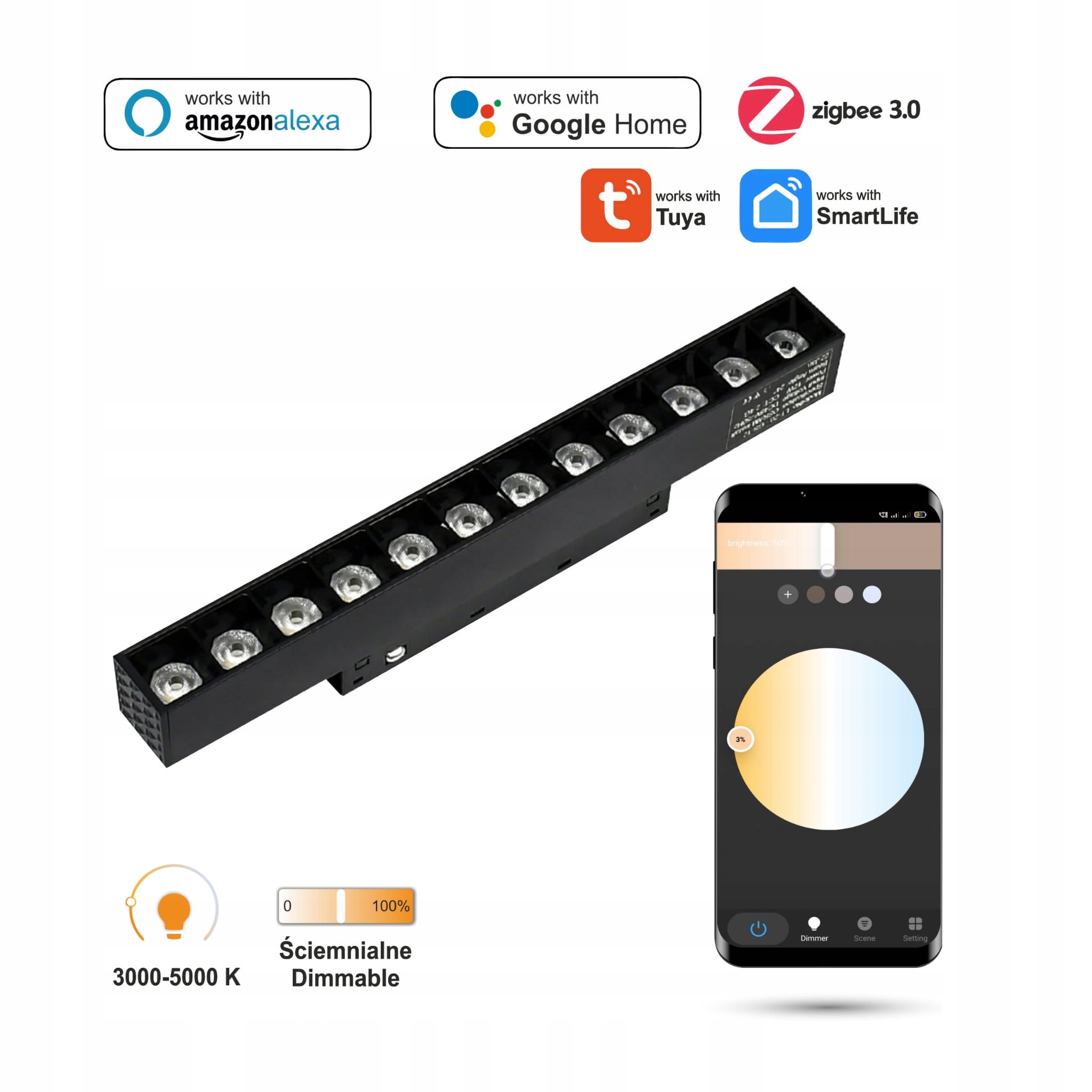 Lineárny Led reflektor WiFi Zigbee 12W gril na koľajnice Smart Track 48VDC