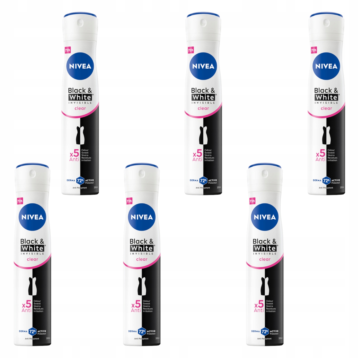 Nivea Black&White Invisible Clear Antyperspirant damski spray 72h 200ml x6