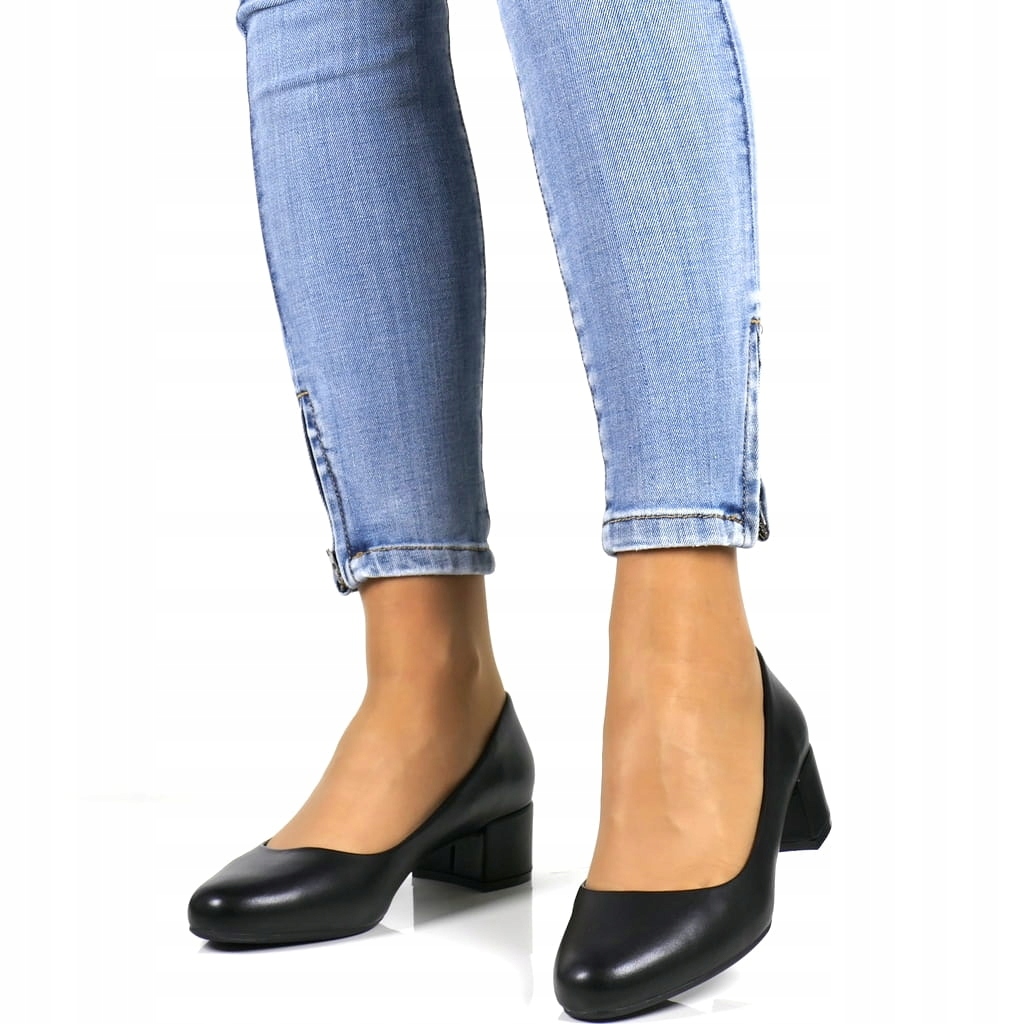 BUTY DAMSKIE CZÓŁENKA NA NISKIM OBCASIE SERGIO LEONE MODNE CZARNE LICOWE Kolor czarny