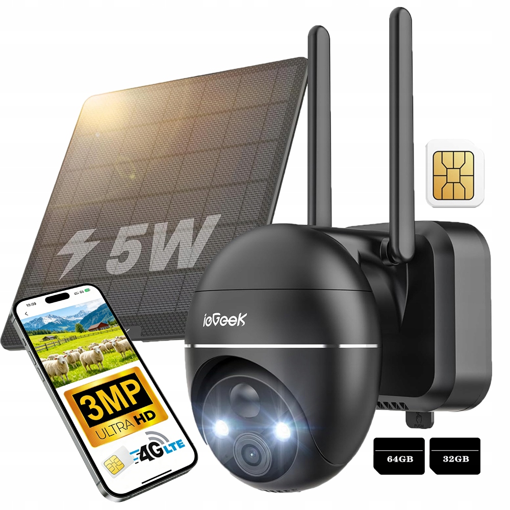 Venkovní Solární Otočná Kamera Na Sim Kartu 4G 3MPx Ptz s paměťovou kartou