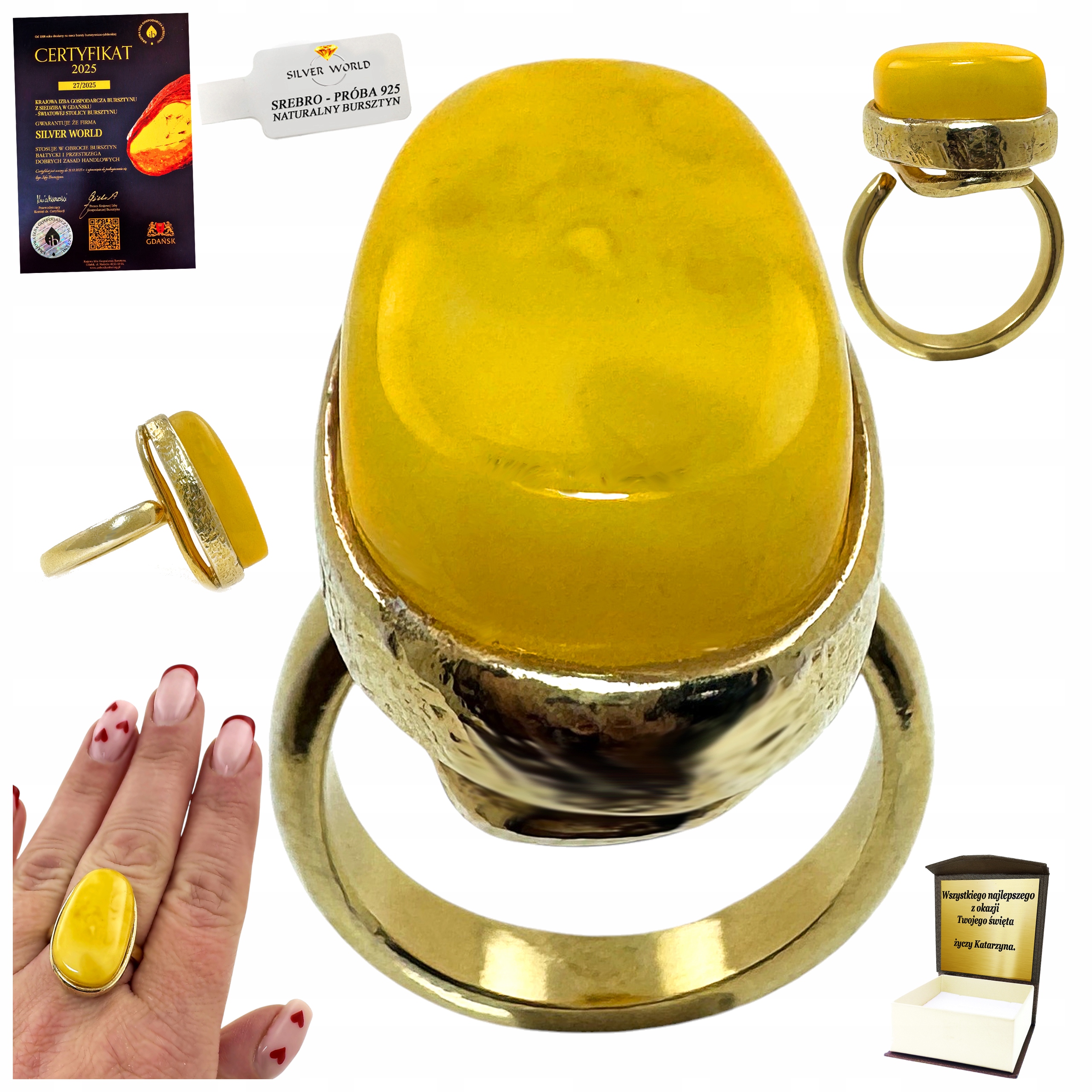 Prstýnek S Mléčným Jantarem, Zlacený, Nastavitelný Gravírování PB9