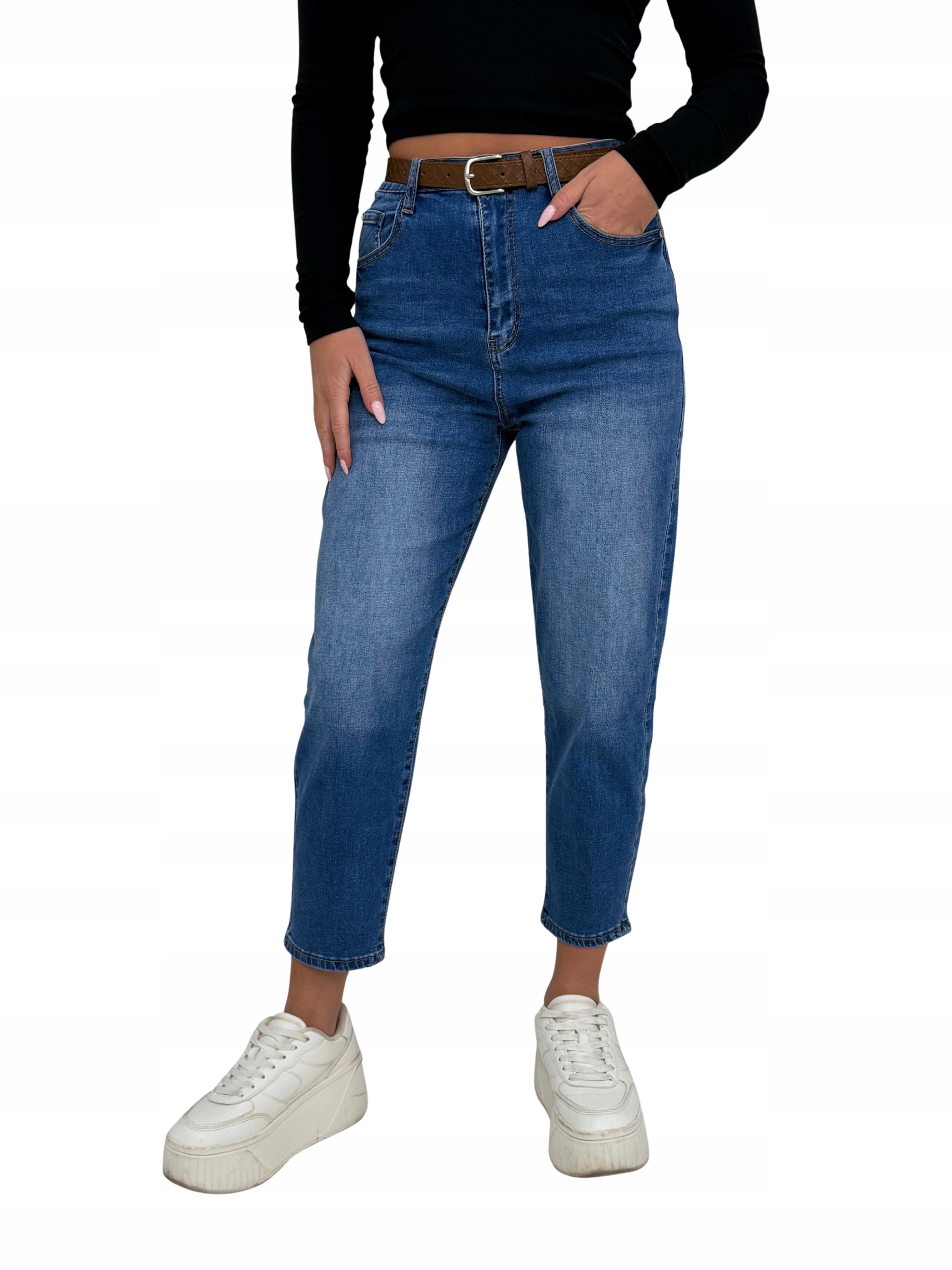 Dámské džínové kalhoty Mom Fit elastické M.Sara tmavě modré hnědý pásek Xs