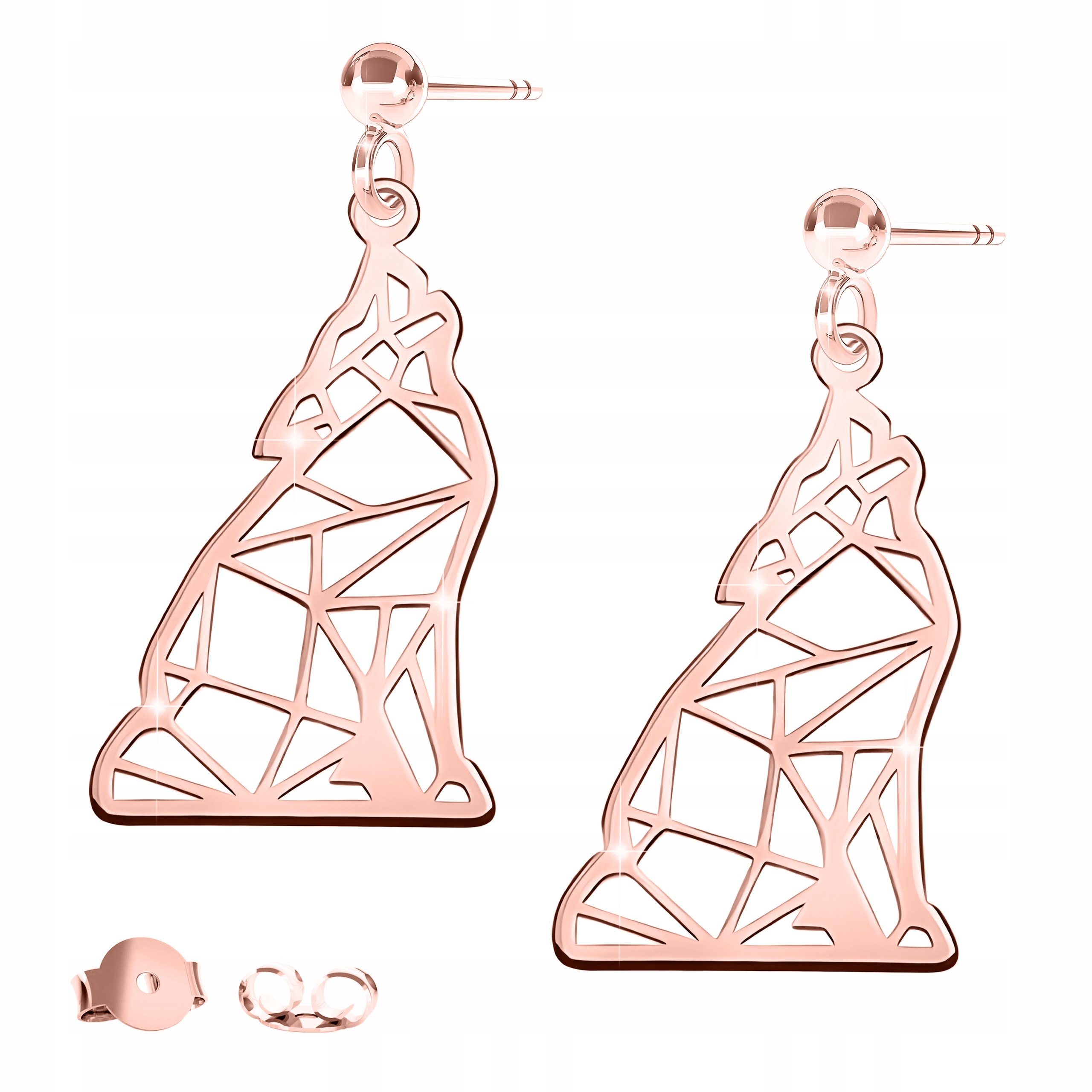 Náušnice Růžové Puzetky 925 Dlouhé s Vlkem Plíšek Origami Pes Vlk Pozlacené 18K