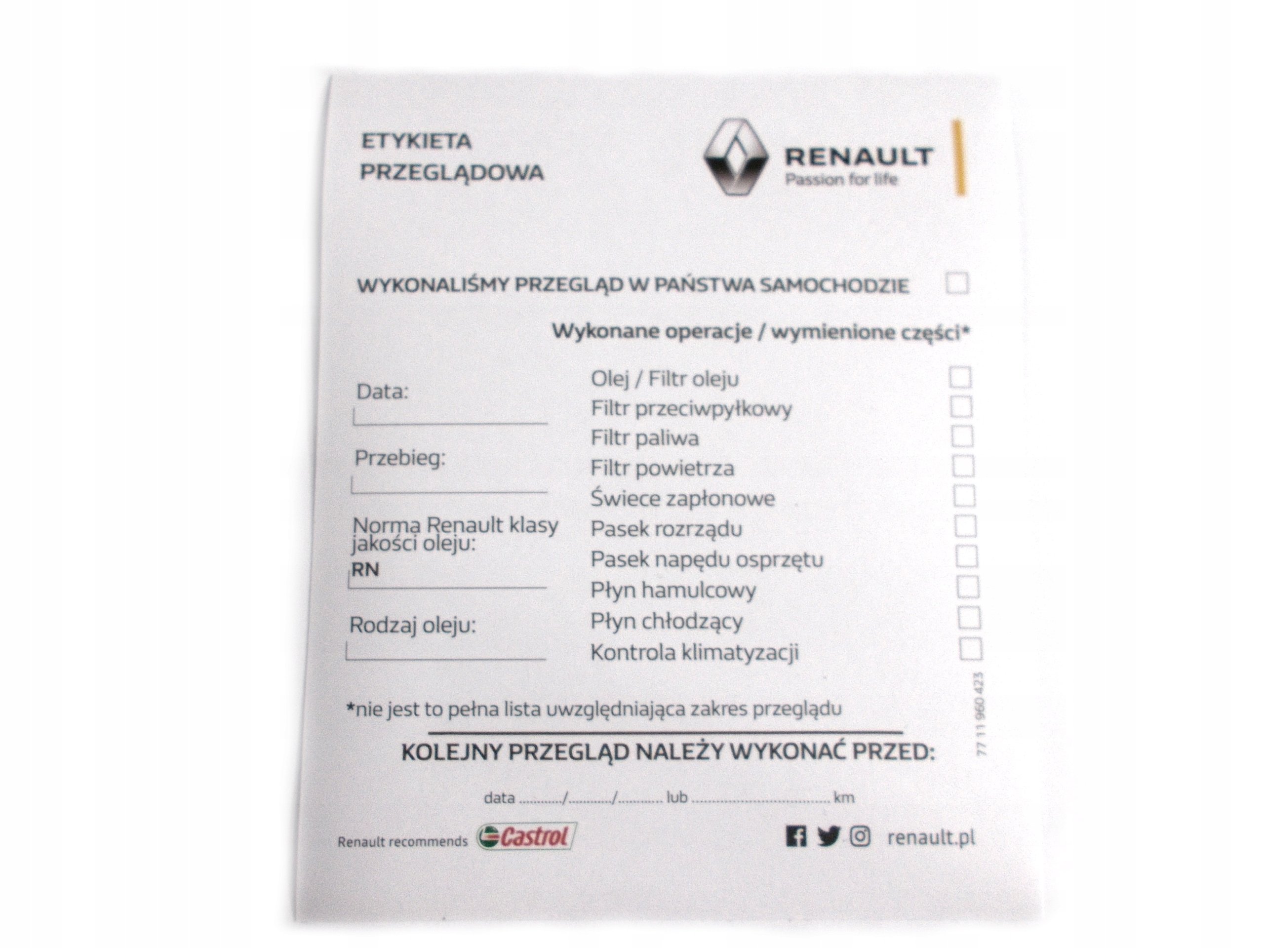 

Etykieta Przeglądowa Renault Naklejka Oryg