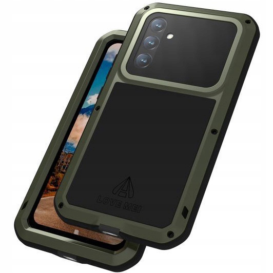 Pouzdro je pevné, pancéřované a má sklo Love Mei pro Galaxy A54