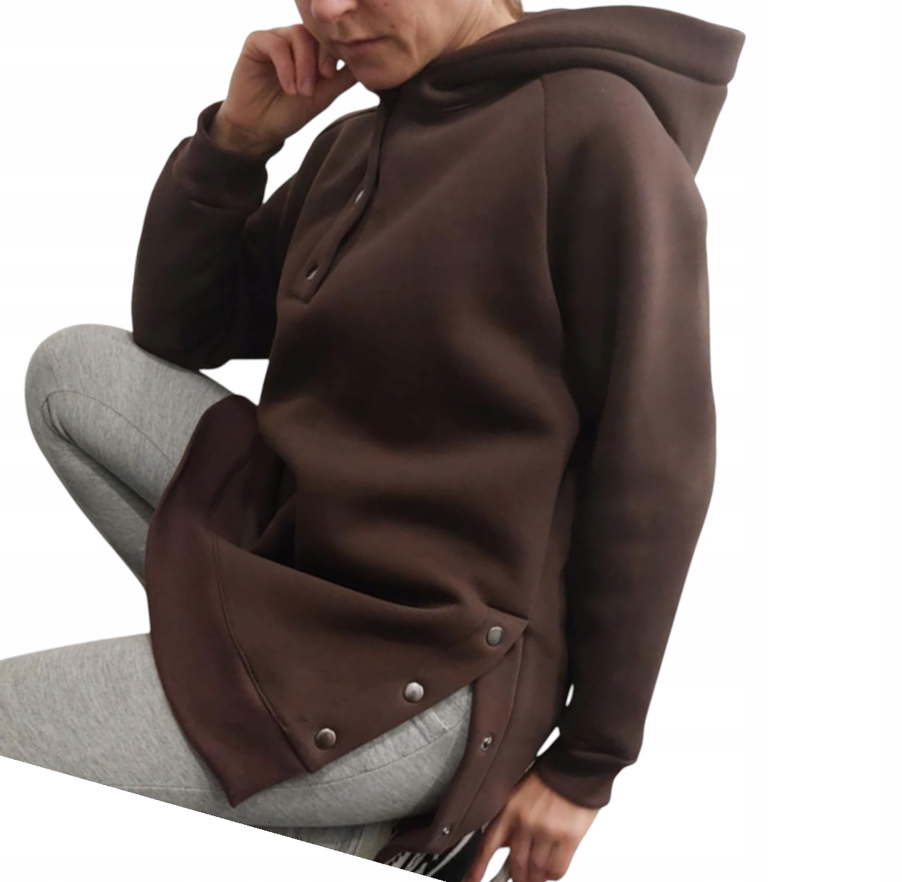 Mikina s kapucí se zapínáním na druky, hnědá bavlna vel XXL