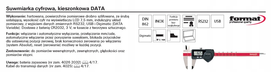 Suwmiarka 200mm elektroniczna DATA FORMAT Waga produktu z opakowaniem jednostkowym 2.3 kg