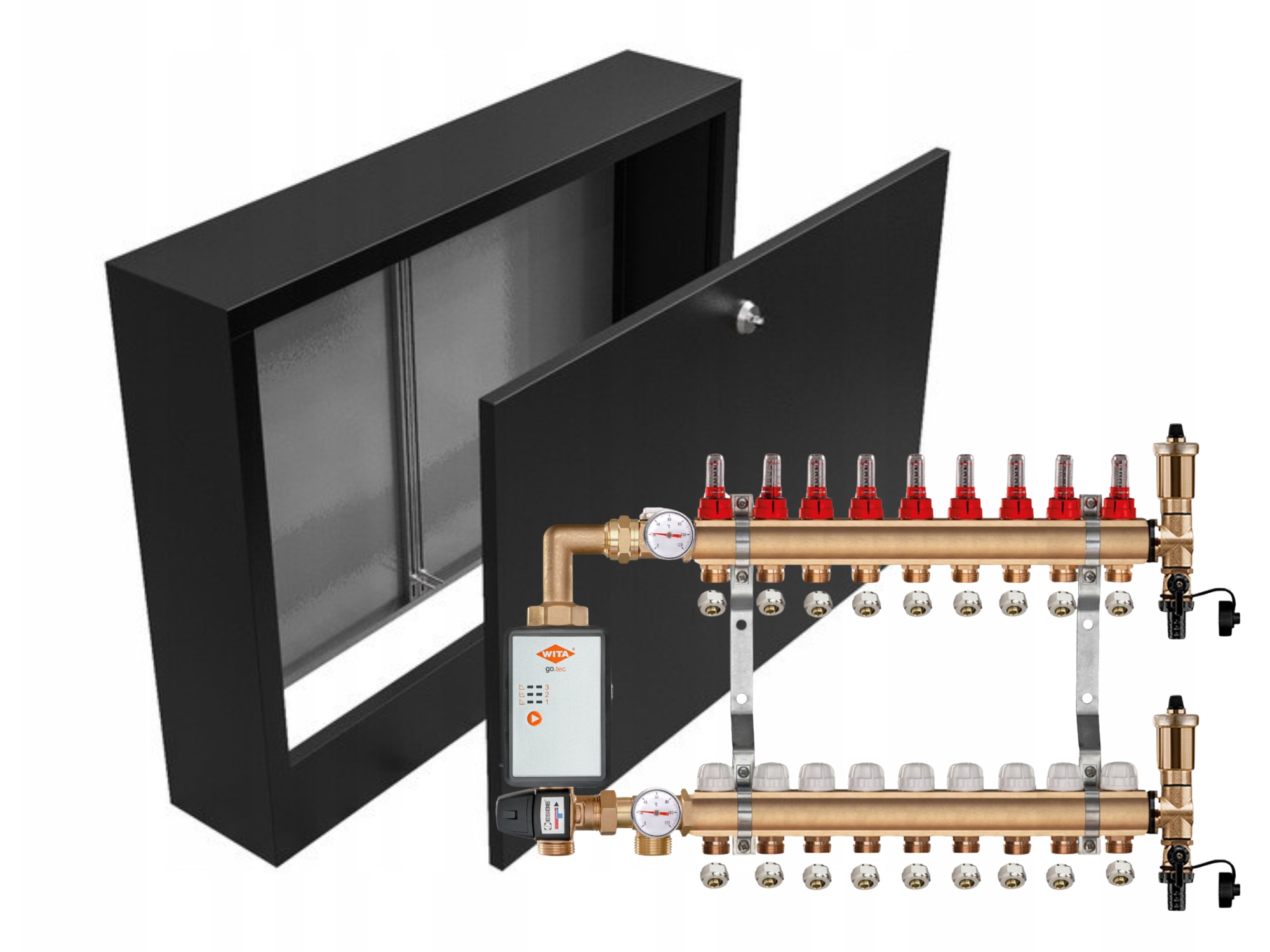 Mosazný Rozdělovač Podlahovky 9+ČERPADLO Vítá+nástěnná Skříňka Černá+pex