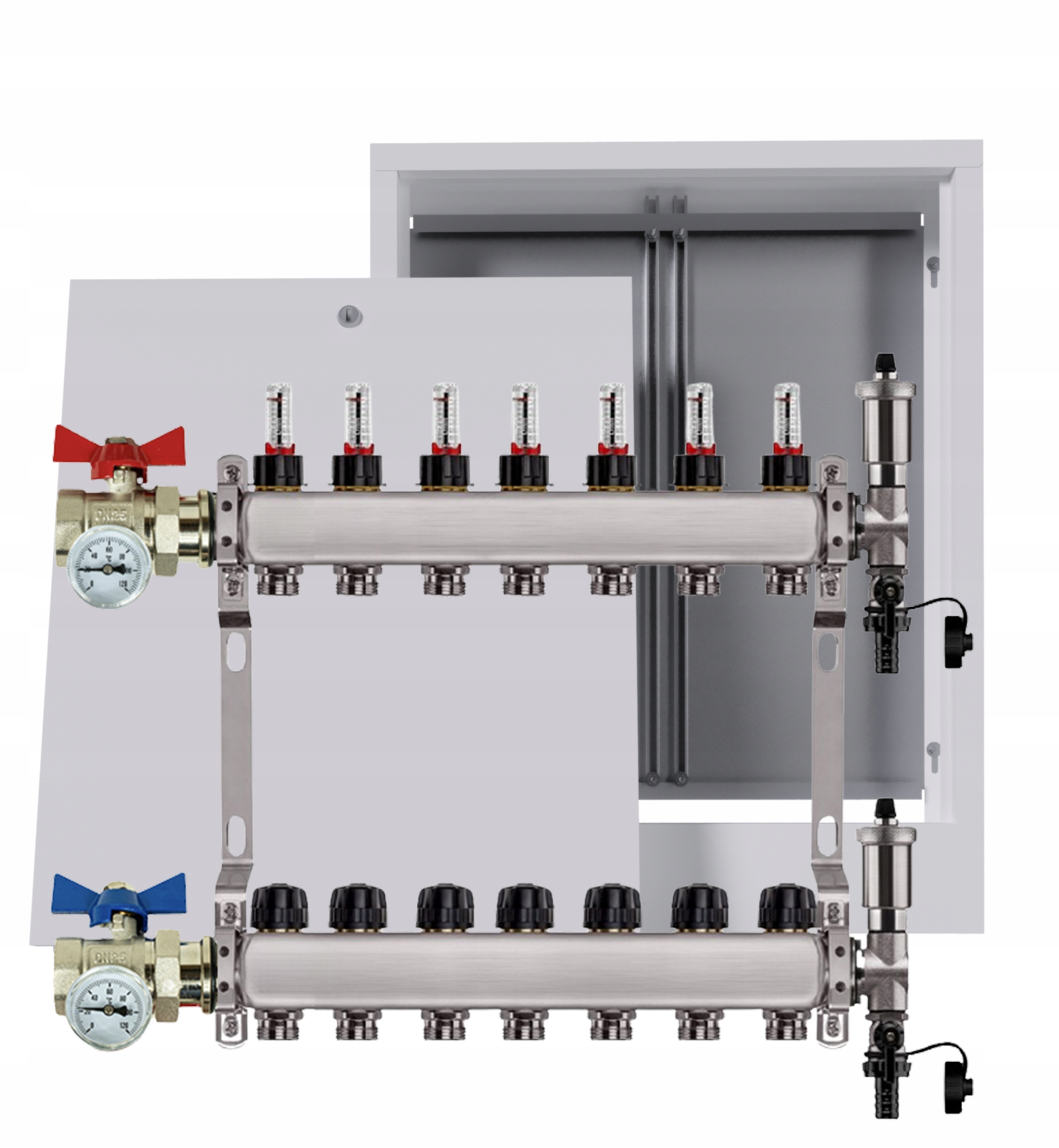 Nerezový rozdělovač podlah 7 okruhů nástěnná skříňka ventily