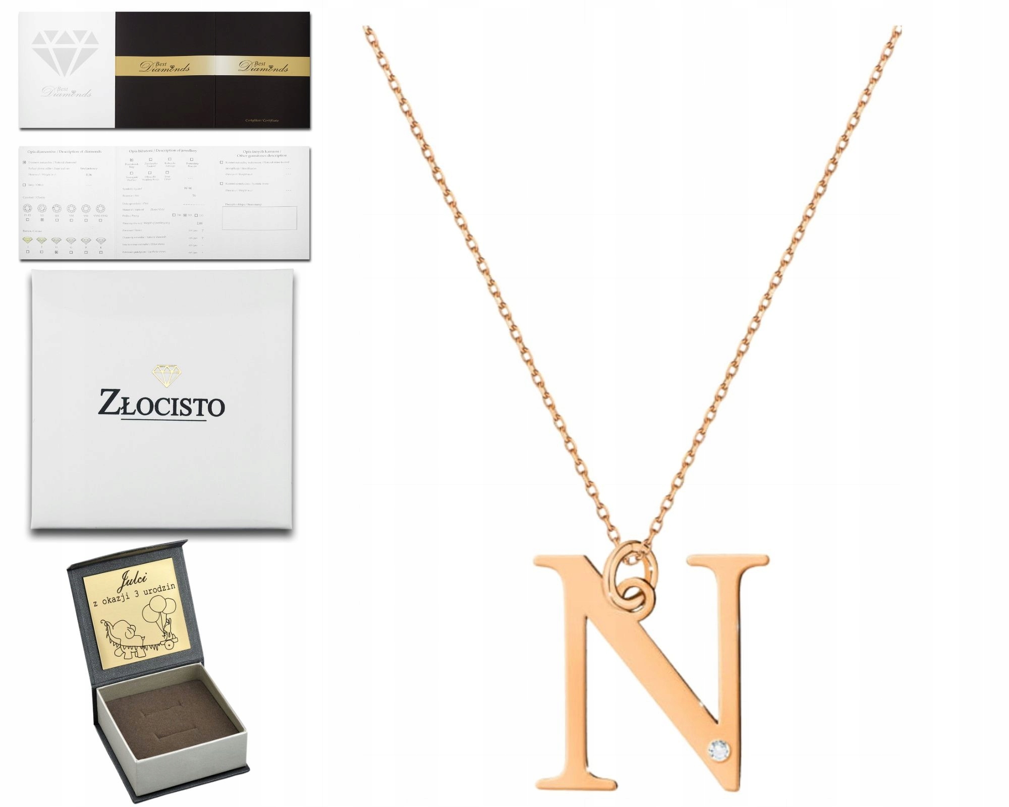 Růžové Zlato Náhrdelník Písmeno N S Briliantem Gravírování 585