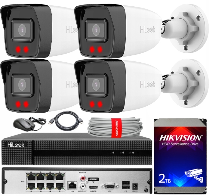 8MPx Ip monitorovacia sada pre 4 kamery 4K PoE HiLook od Hikvision Disk 2TB