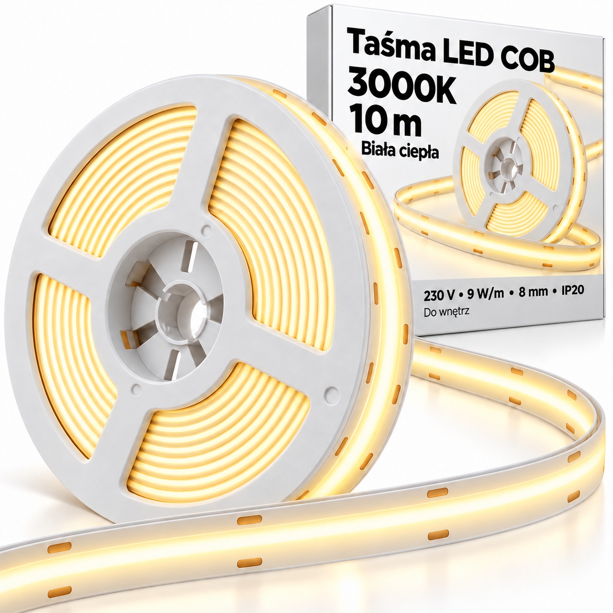 Teplá bílá Cob Led páska 230V 10 m 3000K 9W/m do interiéru IP20 8 mm role
