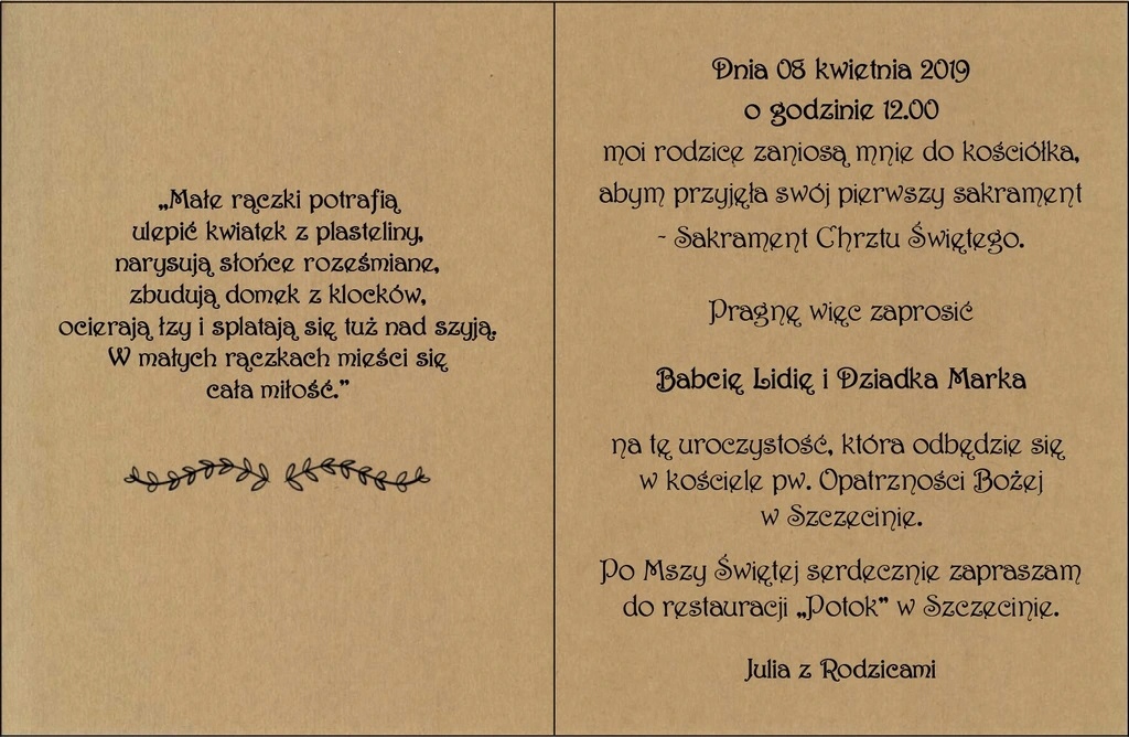 EKO zaproszenie na Chrzest Święty + koperta Rodzaj chrzest