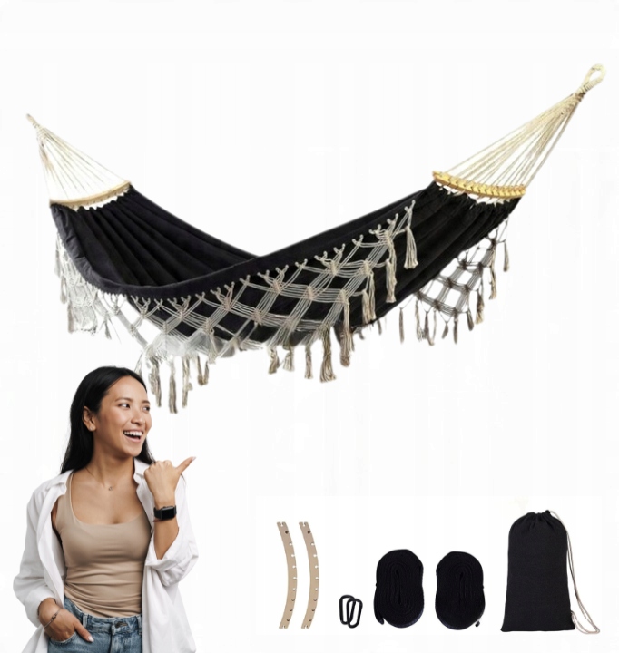 Hamak Ogrodowy Brazylijski Boho Czarny Turystyczny Huśtawka Mocna 150 Kg