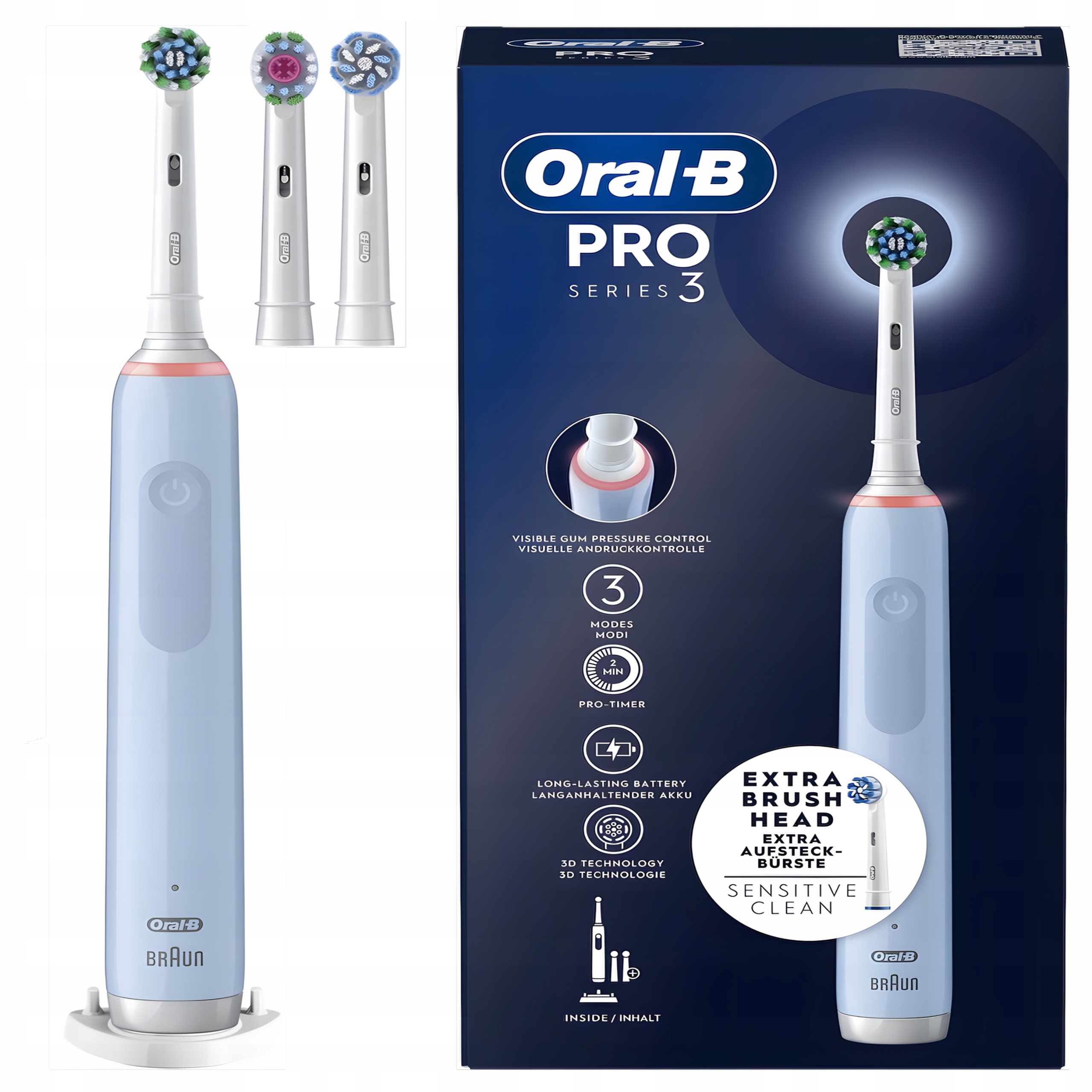 Szczoteczka Elektryczna Oral-B Pro 3 3770 Niebieska 3 Końcówki