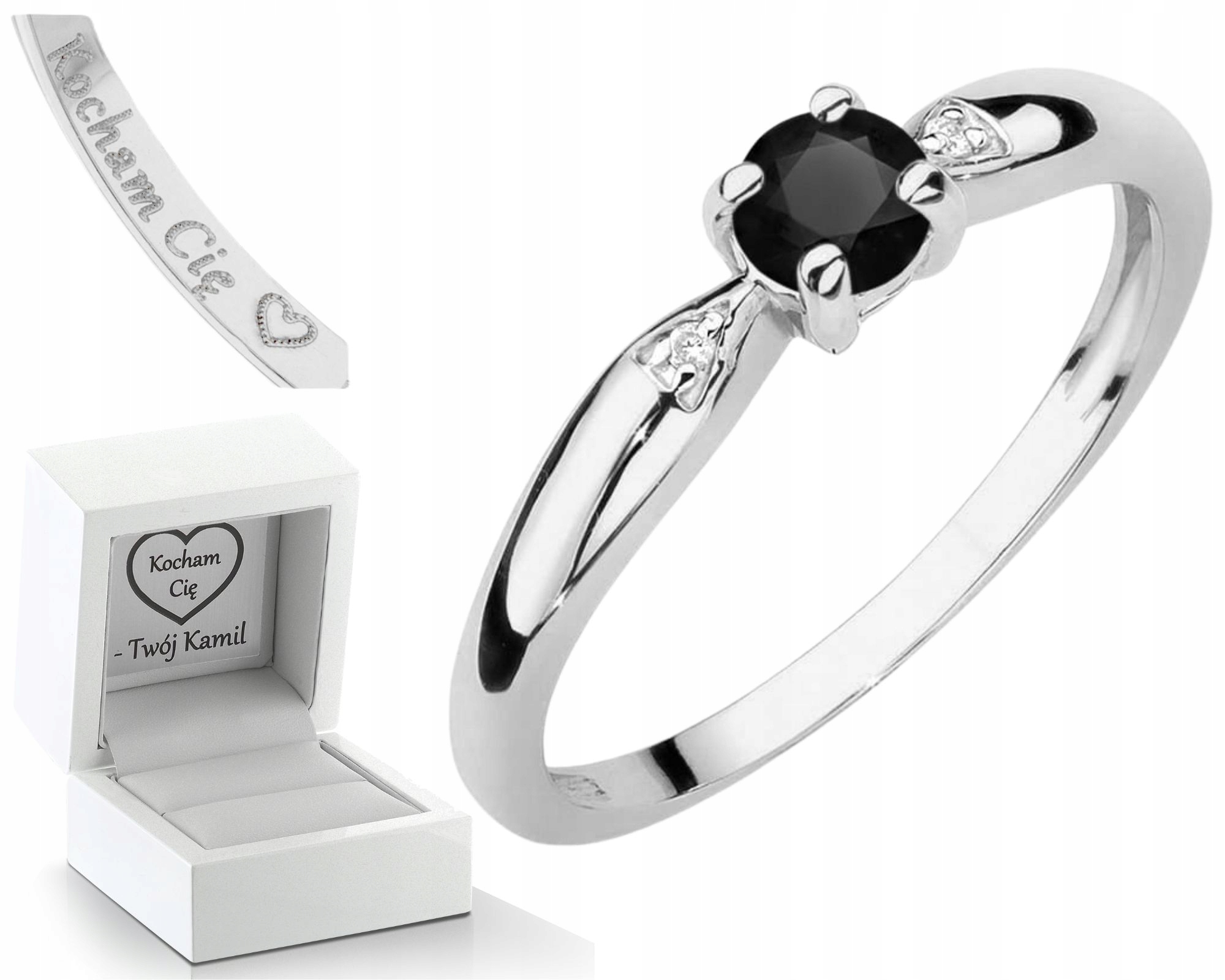 Bílý Prstýnek S Černým Diamantem, Gravírování Dárek