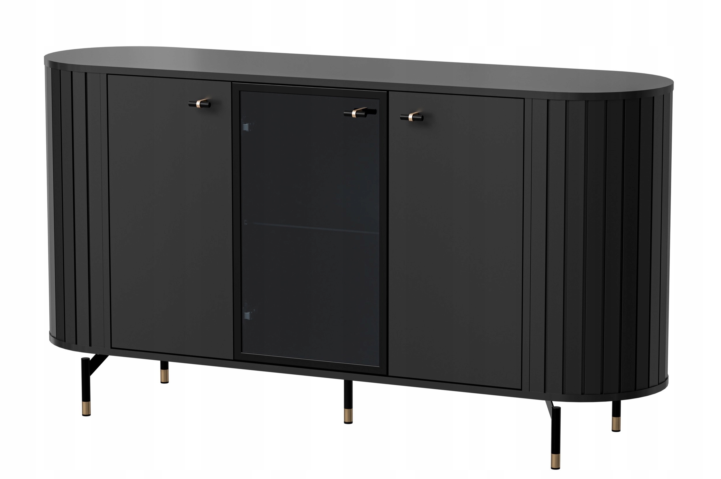 Třídveřová komoda Zante s lamelami a skleněným čelem, 150 cm, černá