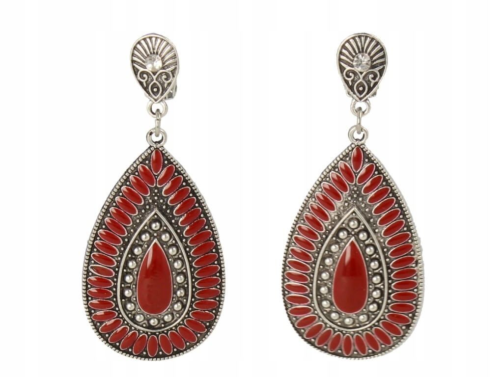 Klipsy do uszu duże srebrne wiszące bordowe Rodzaj Klasyczne