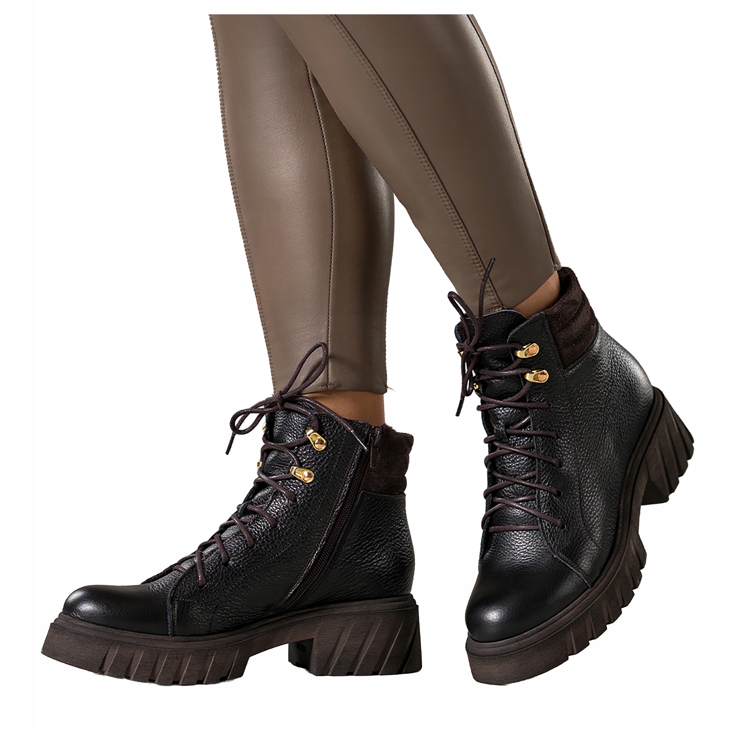 Kotníkové Boty Černé Dámské Kožené Polské Šněrovací Bieznikovaná Podrážka r 41