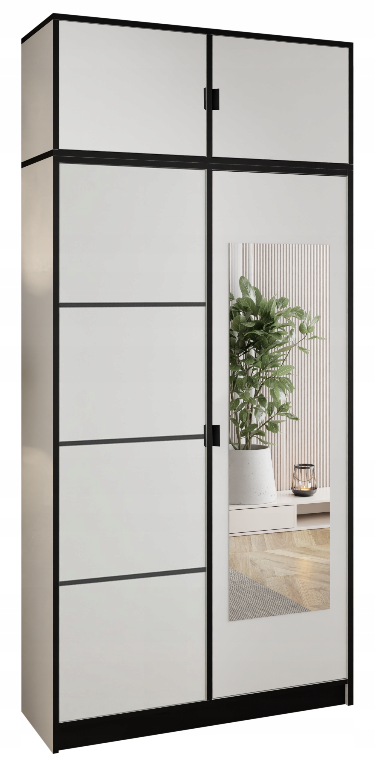 Skříň Lumi 105 2D Bílá se zrcadlem, dior, vzor 2, úchytka, nadstavec.