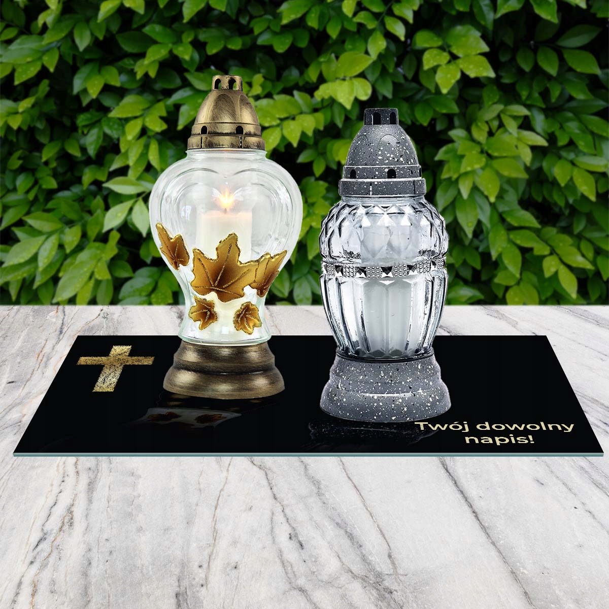 SZKLANA PODSTAWKA POD ZNICZE 60x20cm Z TWOIM DOWOLNYM NAPISEM Motyw inny