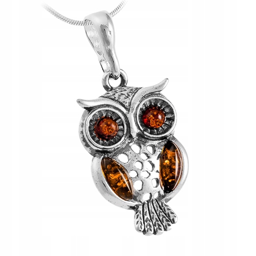 Sova Stříbrný Přívěsek s přírodním Jantarem Baltským Oxidovaným Stříbro 925
