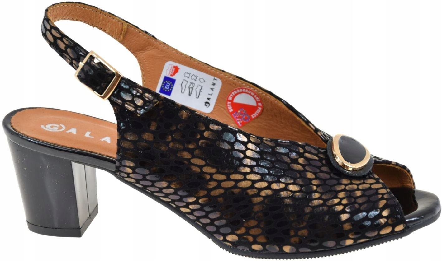 Dámské kožené sandály černo-zlaté módní na podpatku 6 cm Galant 4221 VEL.37
