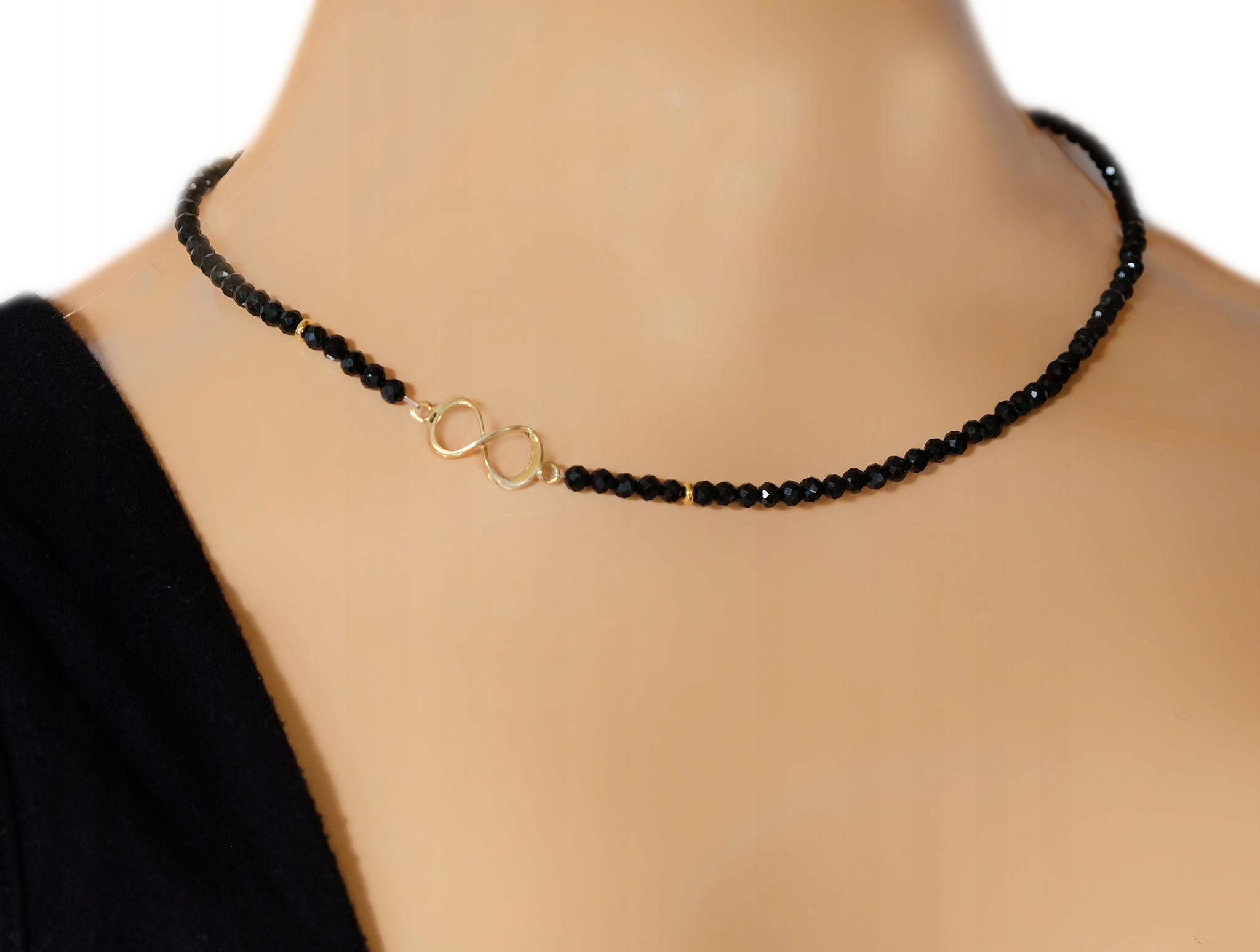 Czarny turmalin Złoty Naszyjnik Nieskończoność Kamień Srebro 925