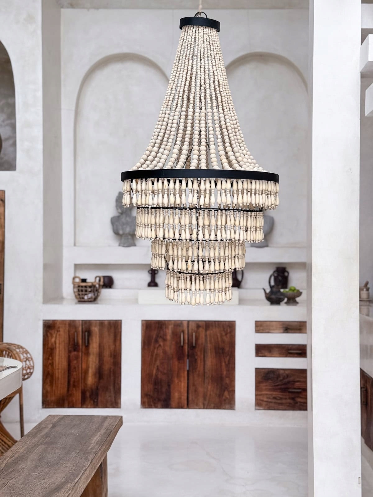 Závěsná lampa Lustr Boho z Korálků Dřevěná Stropní Svítidlo Jav 60x100