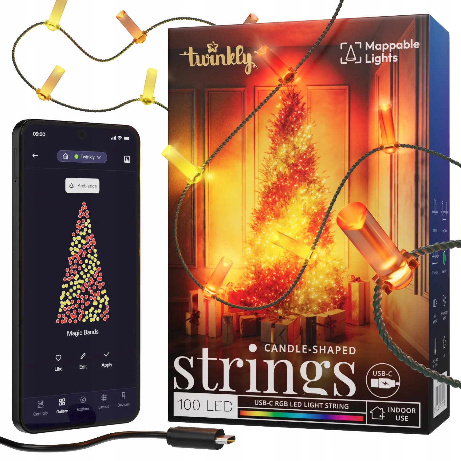 Vianočné osvetlenie na stromček Twinkly Strings Usb-c, 100 Led, sviečky, 6m, zelený oplet