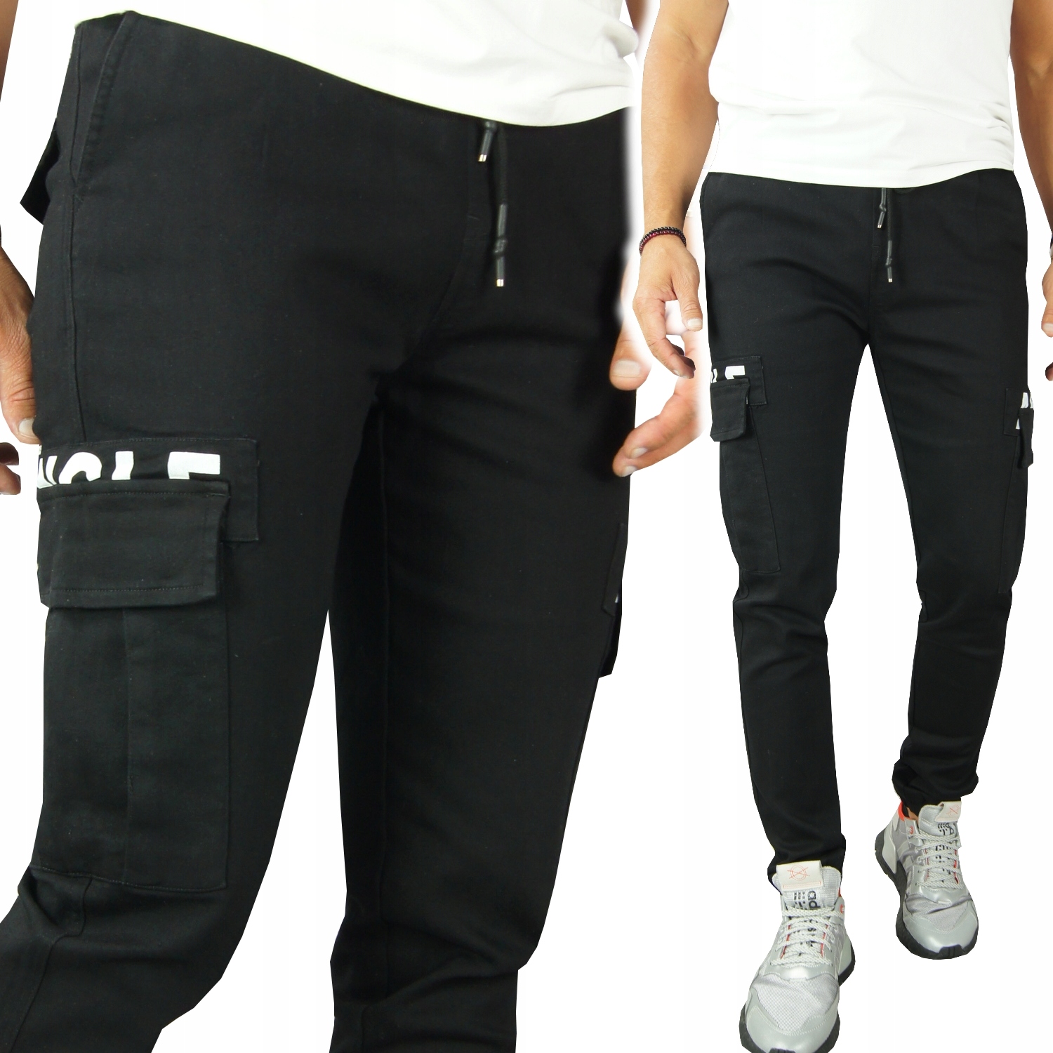 

Męskie Spodnie Joggery Bojówki Czarne jeans Ang XL