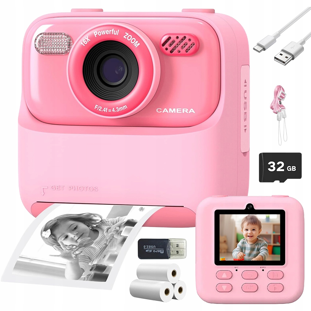 Fotoaparát pro děti Růžový 32GB Přehrávač MP3 Okamžitý tisk