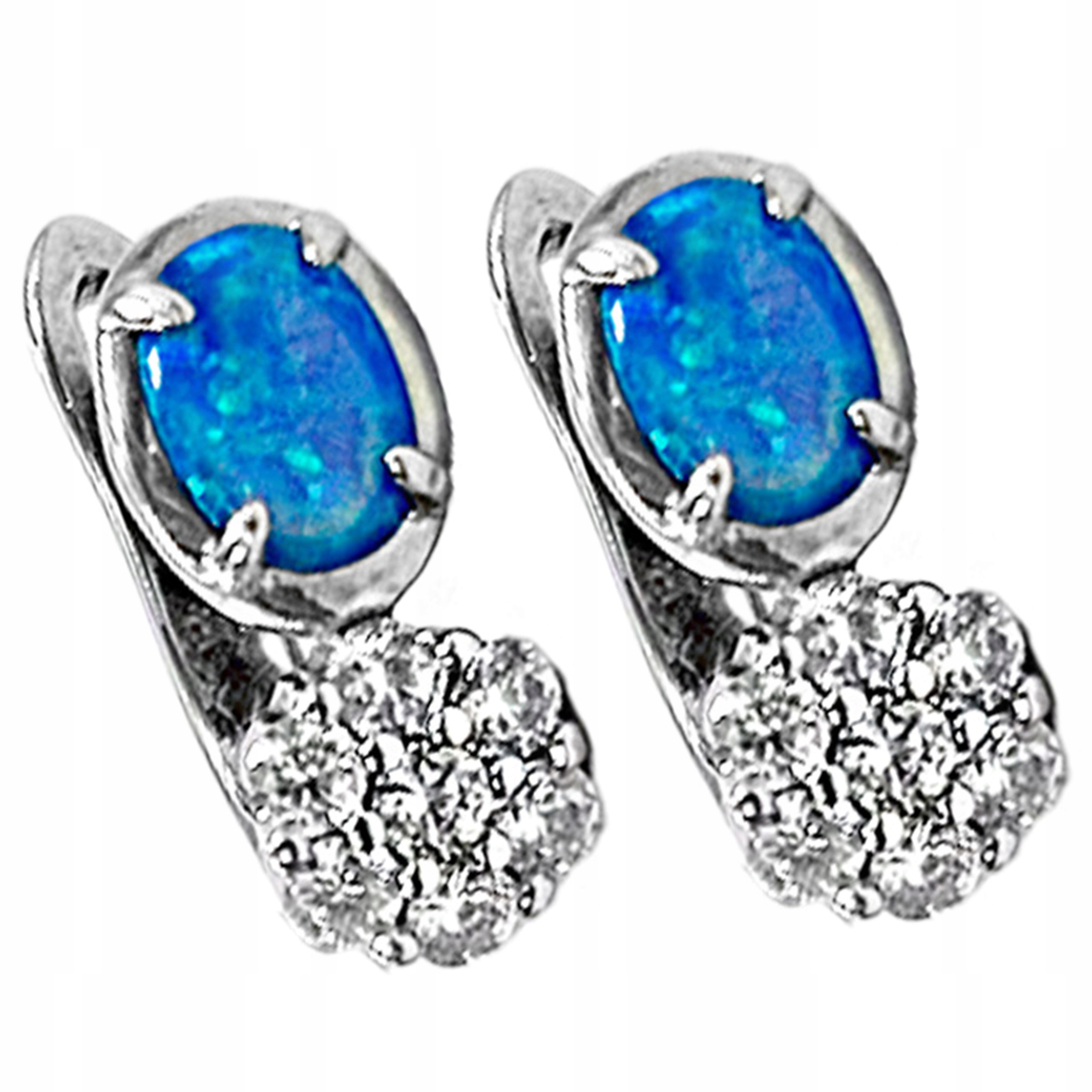 Stříbrné náušnice 925 s oválným modrým opálem a anglickými zirkony