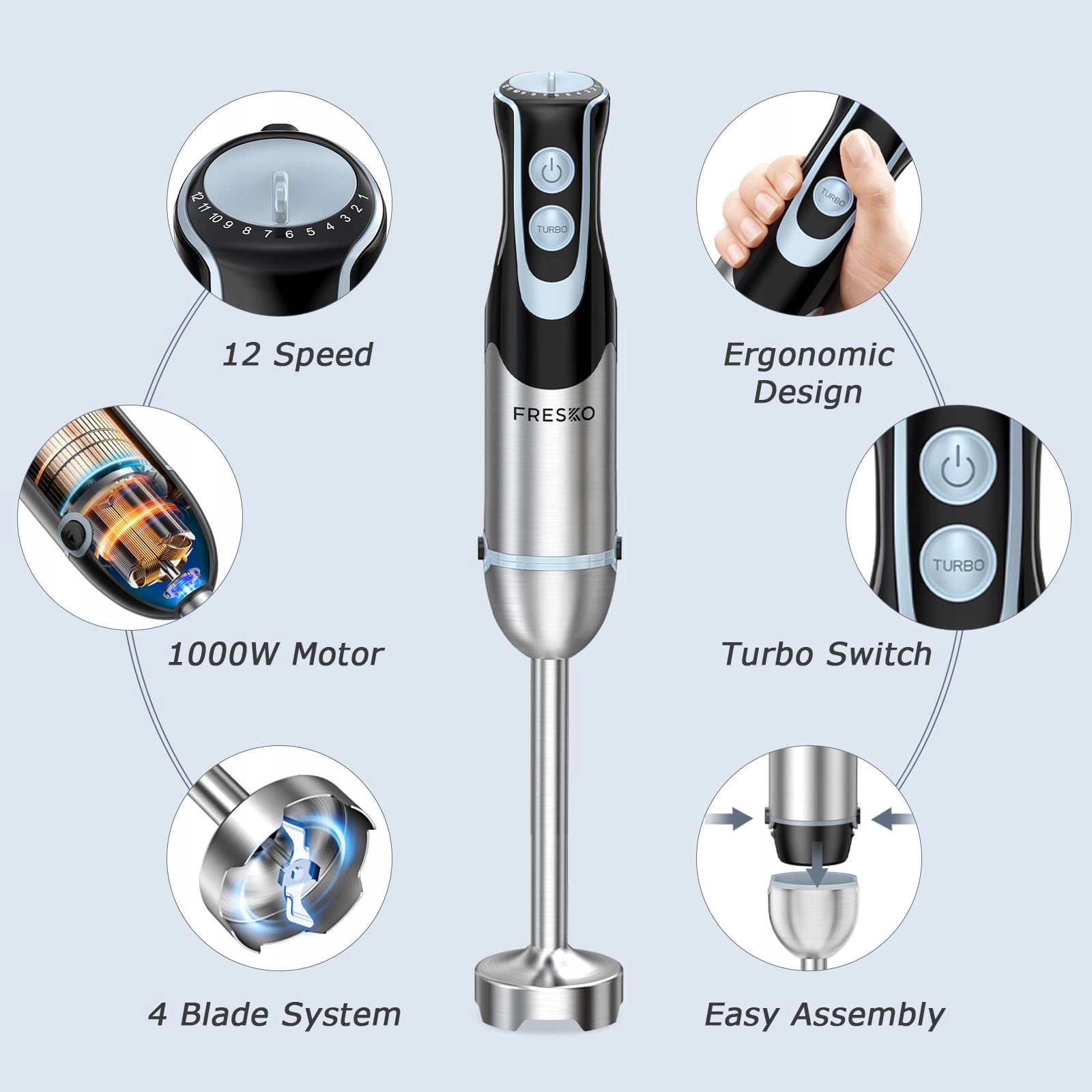 FRESKO Blender Ręczny 4w1 1000W Stalowy Zestaw Do Zup Smoothie — miniatura 2
