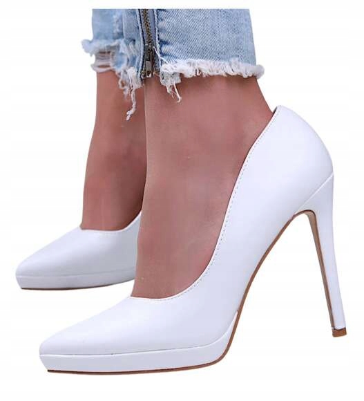 Buty na wesele Białe czółenka na szpilce i platformie 15860