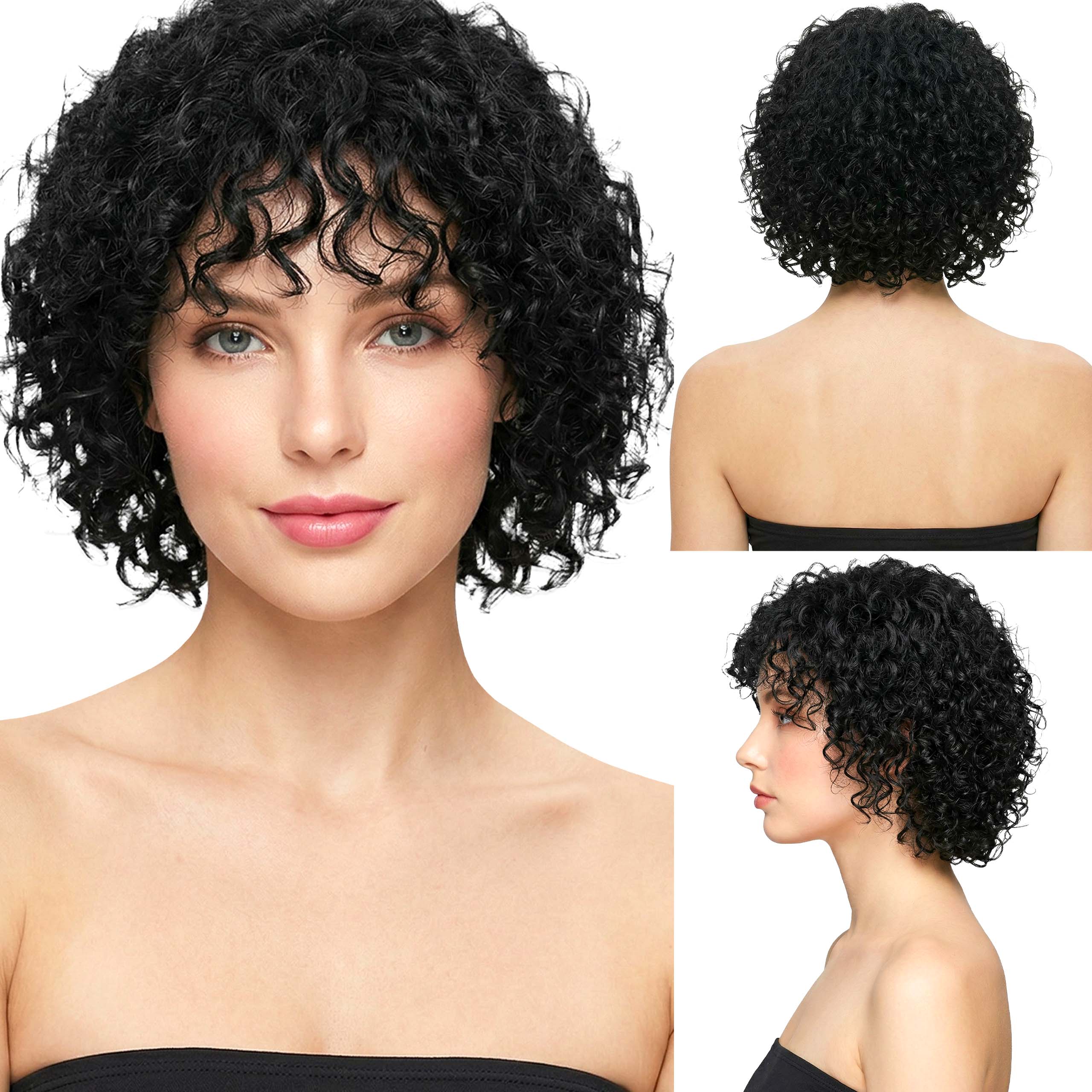 Peruka z Włosów Naturalnych Azjatyckich Afro loki czarna trwała krótka