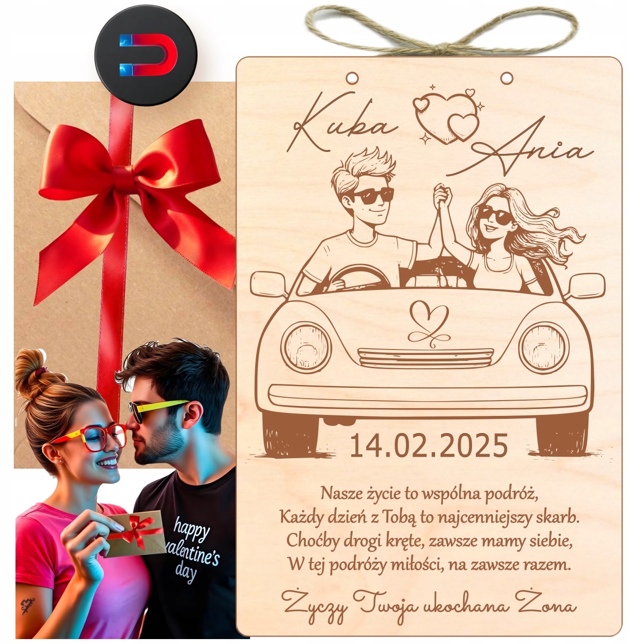 Dárek K Valentýnu Dřevěná Cedulka Pro Manželku Manžela Kartička Autíčko Magnet