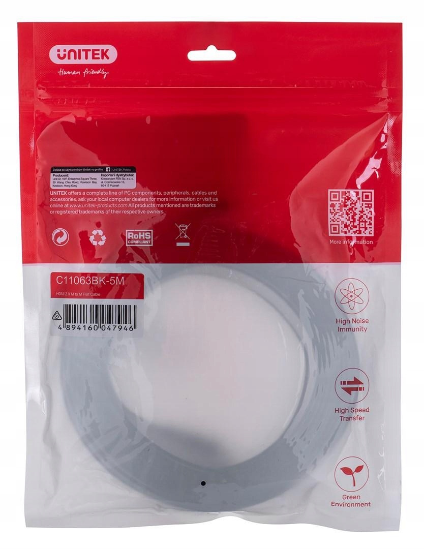 Unitek Kabel Hdmi 2.0 4K60HZ,PŁASKI,5M,C11063BK-5M