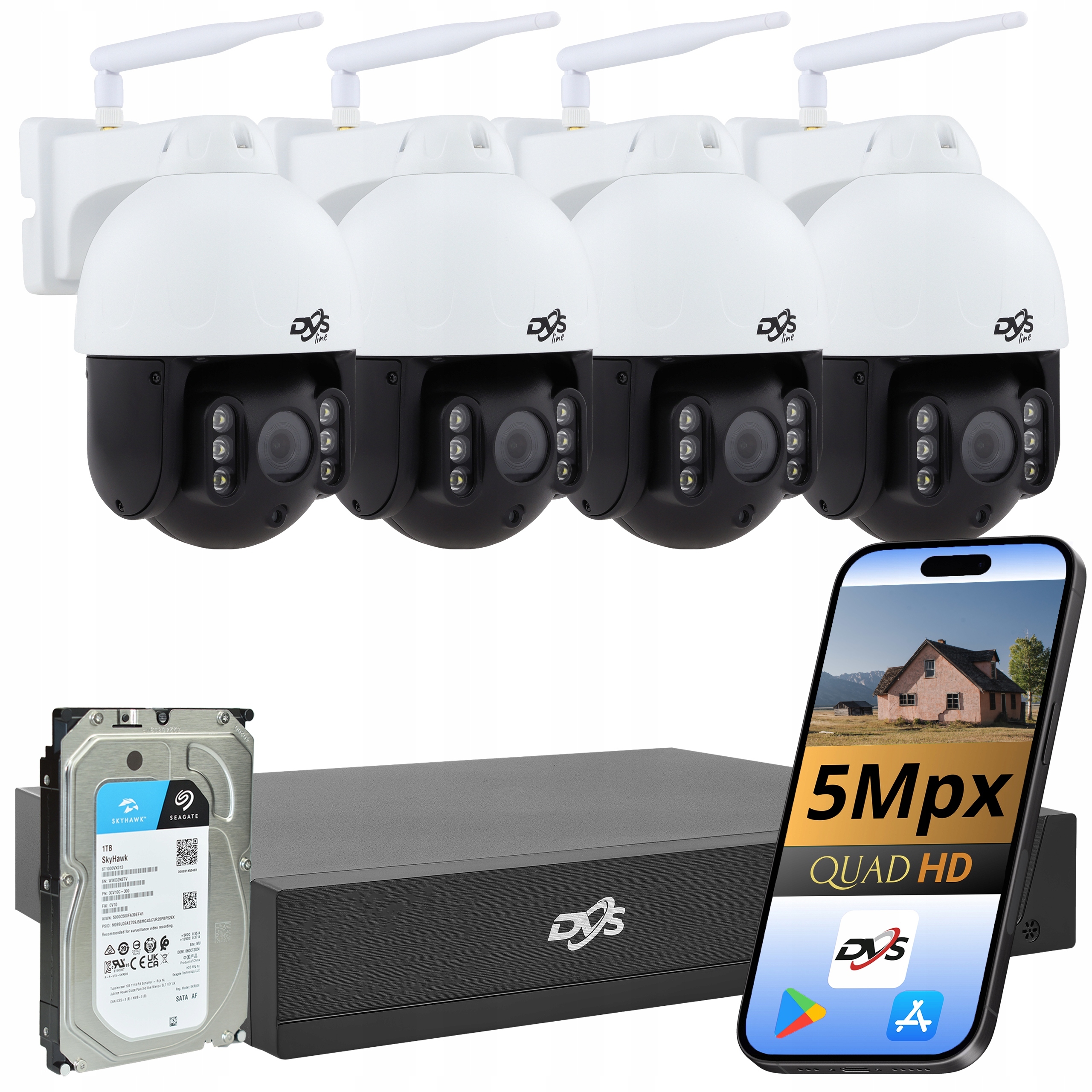 Sada 4 Bezdrátových Otočných Wifi Kamer 5Mpx Pro Monitorování Disků 1TB