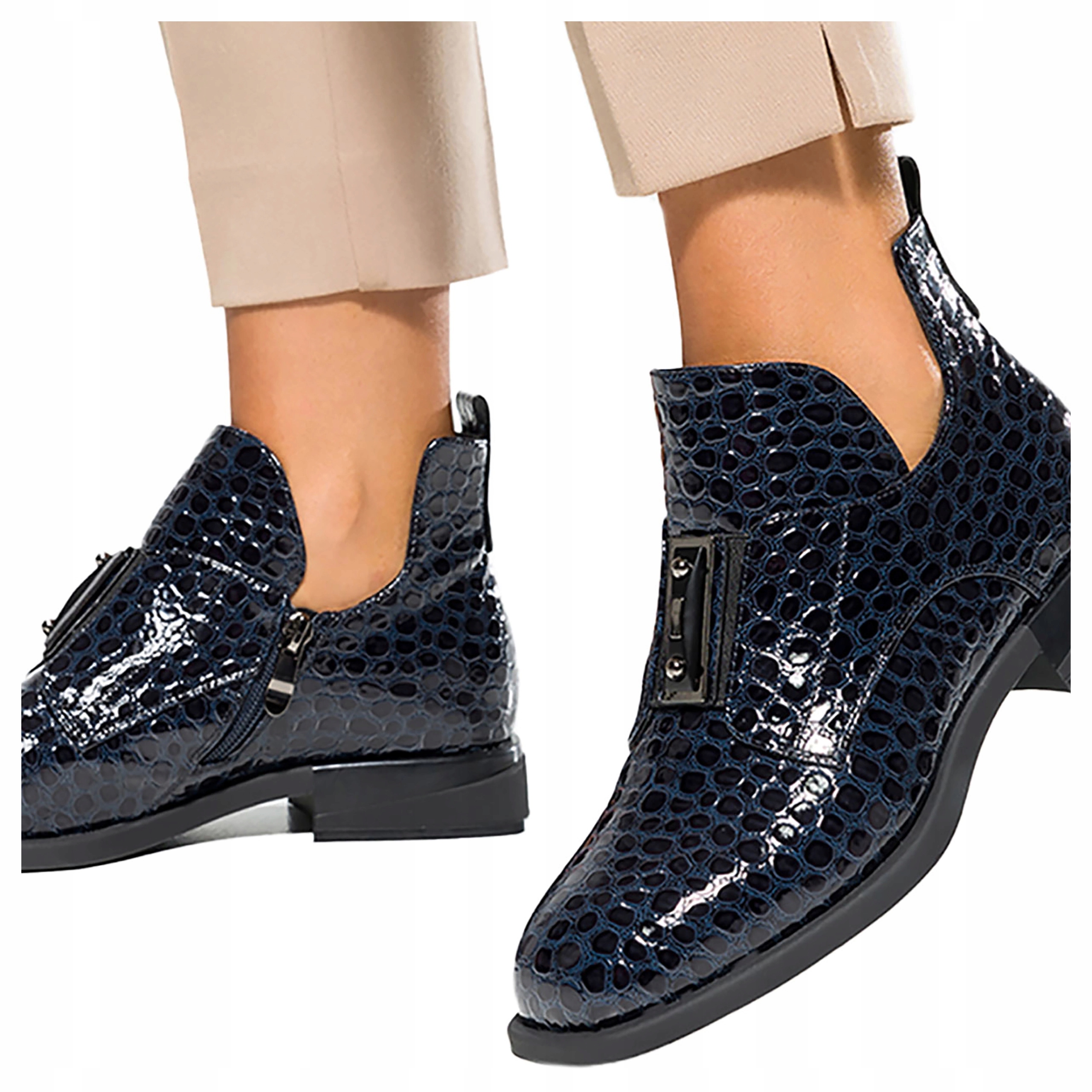 Tmavě Modré Dámské Kotníkové Boty Lakovaný krokodýlí vzor Nízký Podpatek Pohodlné vel. 35